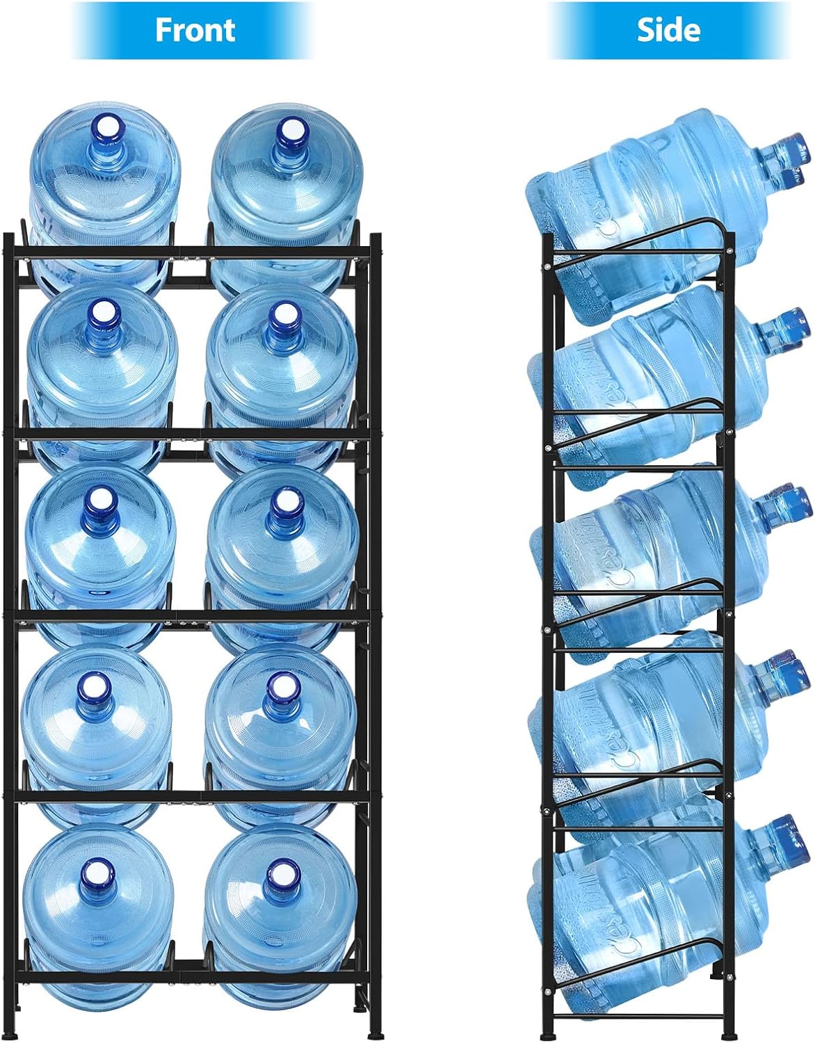 Soporte para botellas de agua de 5 galones de 5 niveles, enfriador de agua con 10 ranuras, estante de almacenamiento de jarra de agua resistente