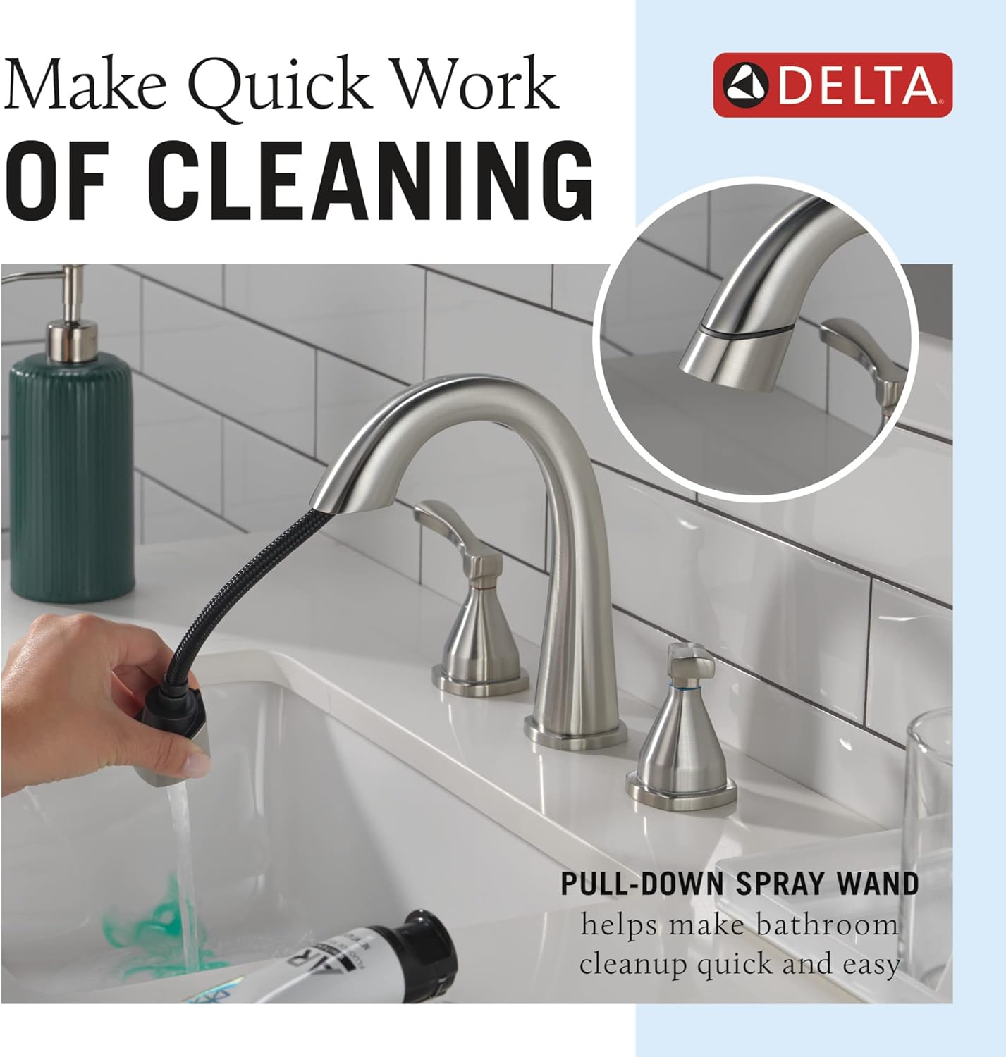 Delta Faucet Stryke Lumicoat 35775-SSPD-PR-DST – Grifo de baño extraíble para baño, níquel cepillado, 3 agujeros, grifo de lavabo de baño con base