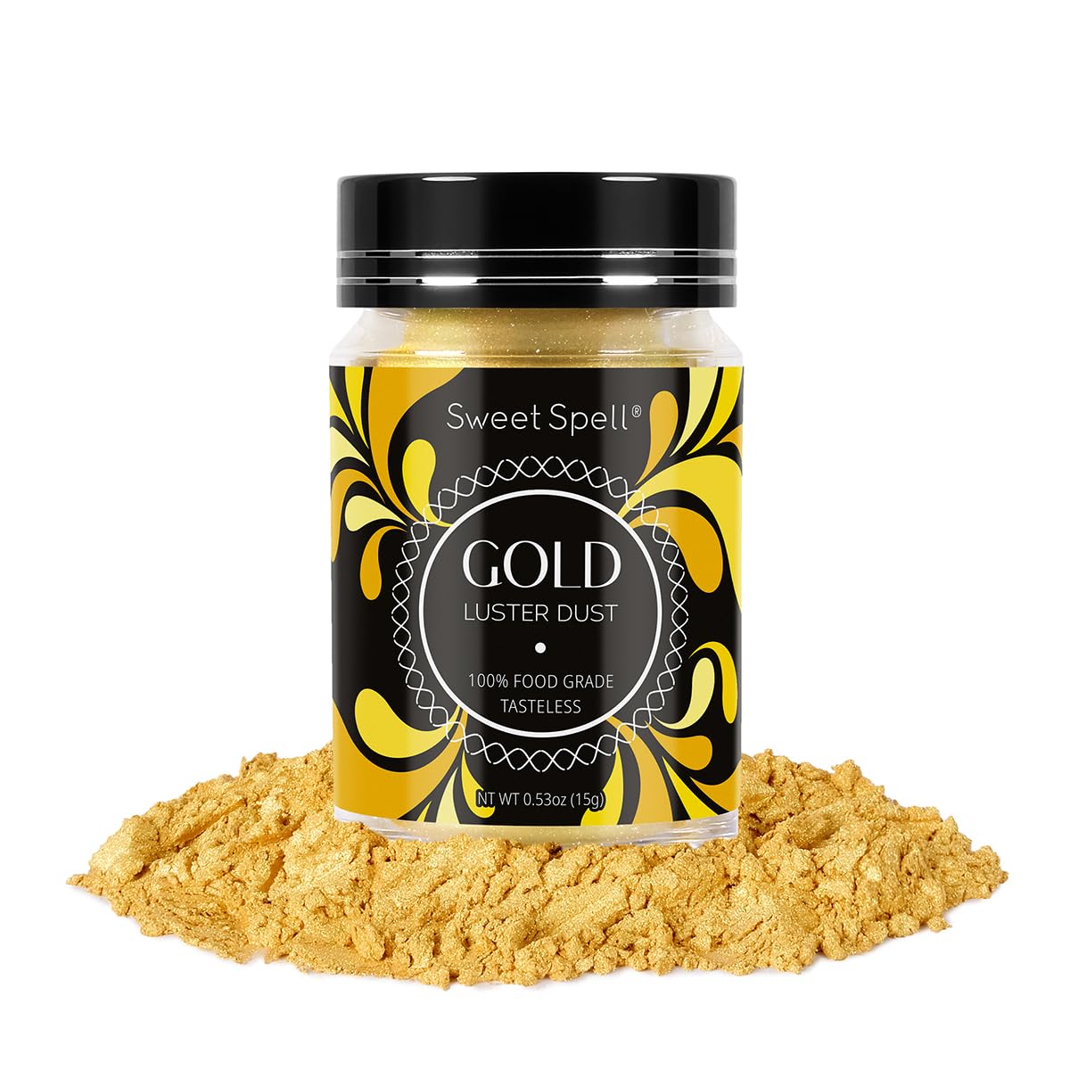 Sweet Spell Gold Luster Dust – Purpurina comestible (0.53 oz)  Polvo de perlas brillantes para decorar pasteles, chocolate, bebidas, cócteles, 100%