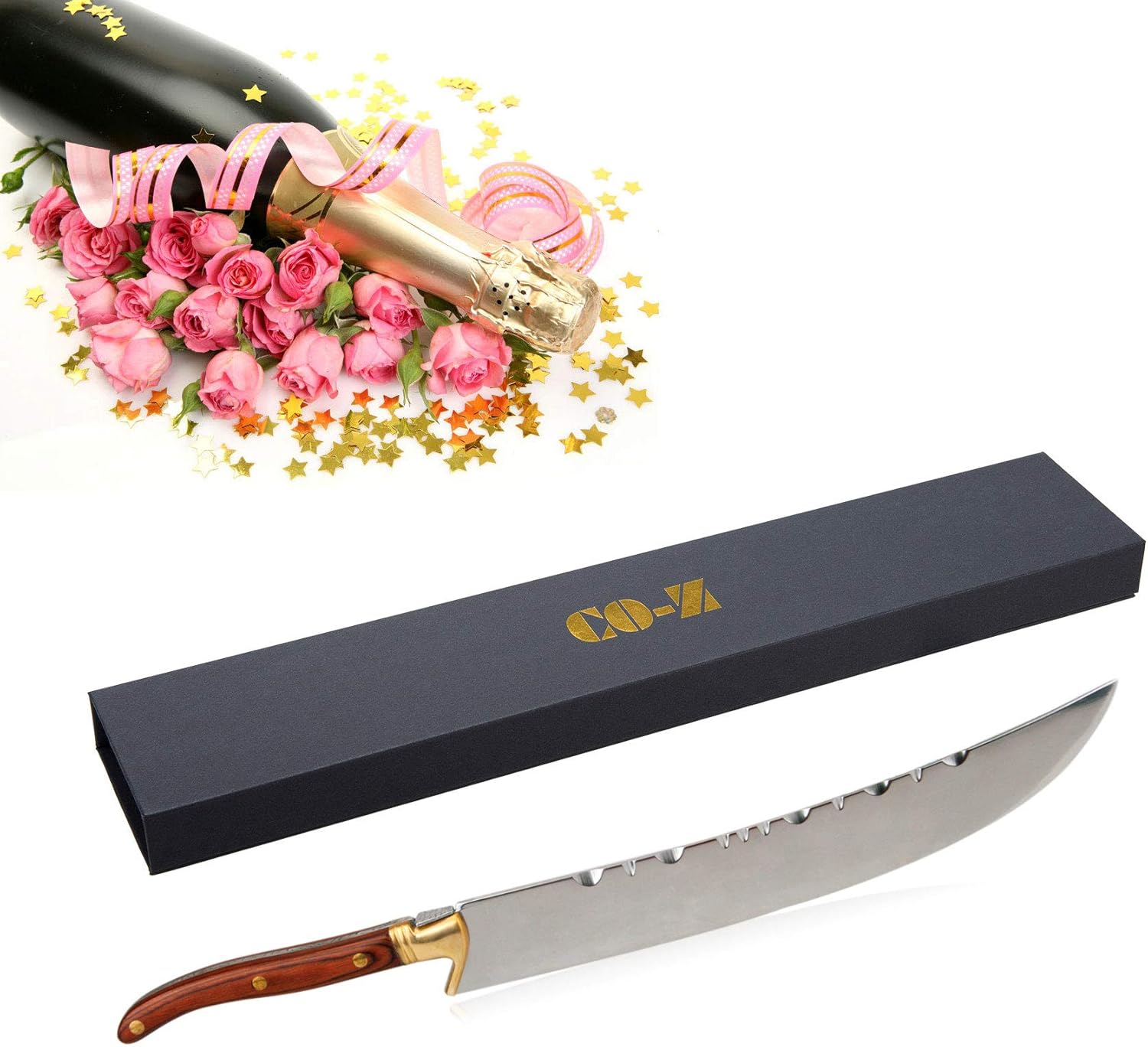 CO-Z Sable de champán con caja, cuchillo de champán abridor de vino con mango de madera y detalles dorados, abridor de botellas de acero inoxidable