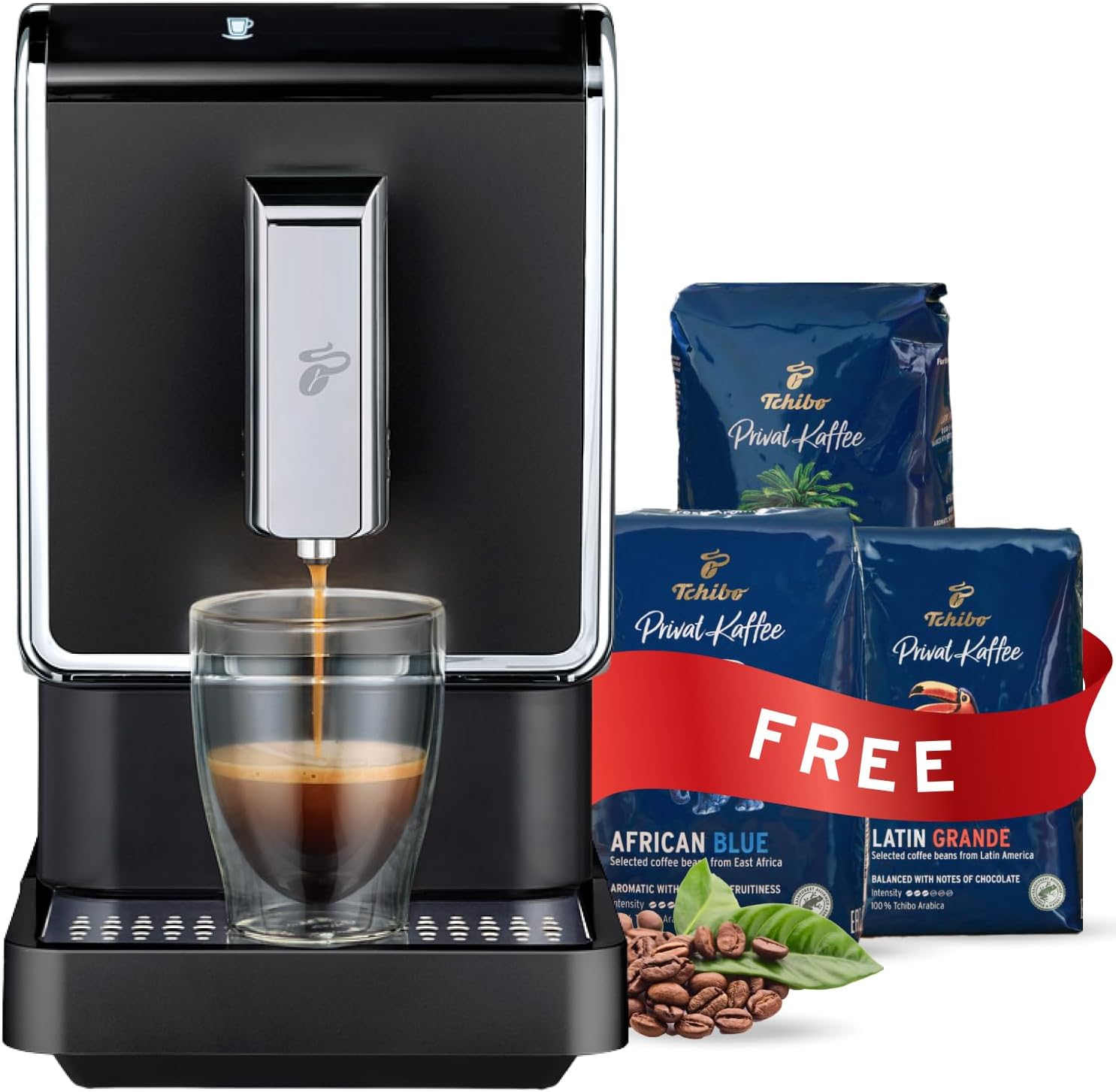 Tchibo Cafetera de una sola porción, máquina automática de café expreso, molinillo integrado, no necesita cápsulas de café, viene con 3 bolsas de