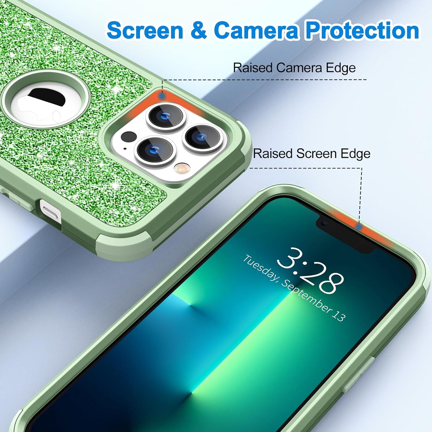 Hython Funda para iPhone 13 Pro Max con purpurina, bonita funda brillante brillante, resistente 3 en 1, híbrida de policarbonato duro suave de