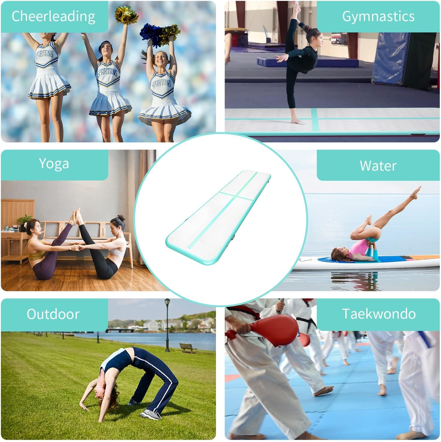 ZENOVA Colchoneta inflable de gimnasia flotante de 10 pies, 13 pies, 16 pies y 4 pulgadas de grosor, para uso doméstico, entrenamiento, animadoras,
