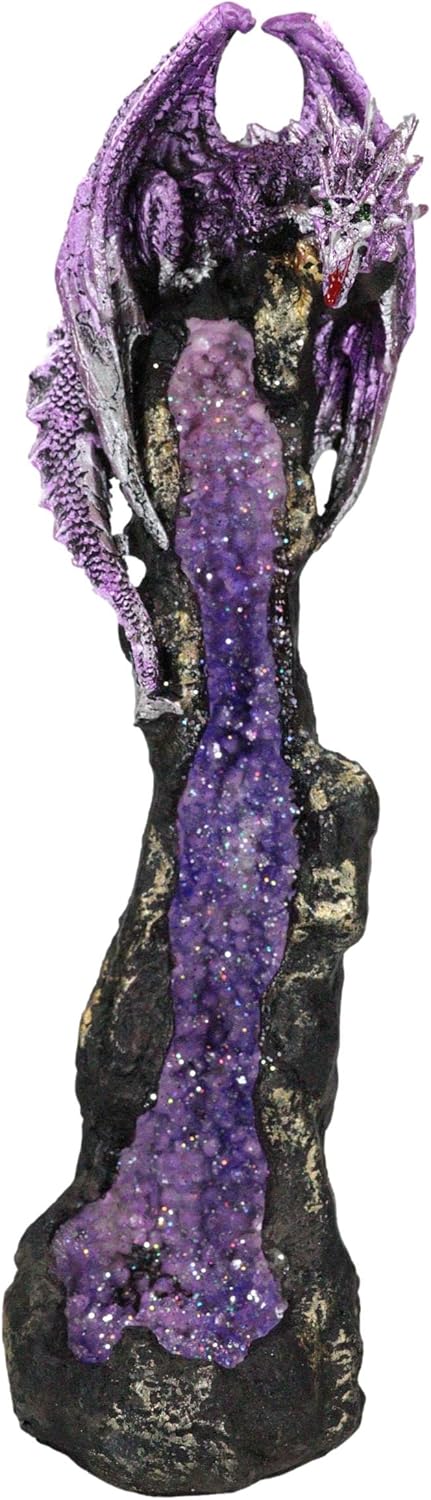 Ebros Gift Quartcita Elemental Dragon Guarding Faux Geoda Cuarzo Cristal Quarry Rock Pilar Incienso Soporte Figurita Fantasía Mítico Calabozos y