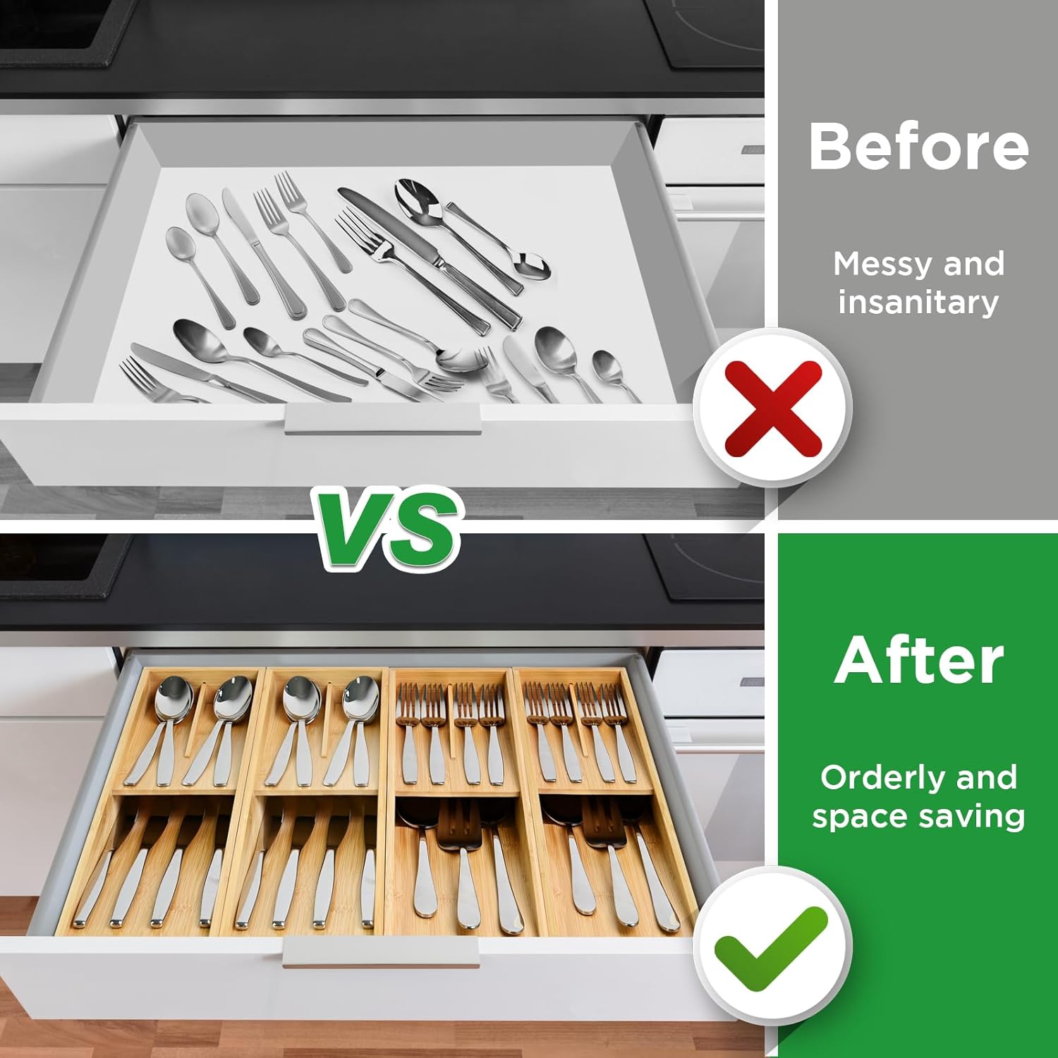 Ollieroo Organizador de cajones de cubiertos de bambú, organizador de cajones de cocina compacto para cubiertos, soporte de utensilios para