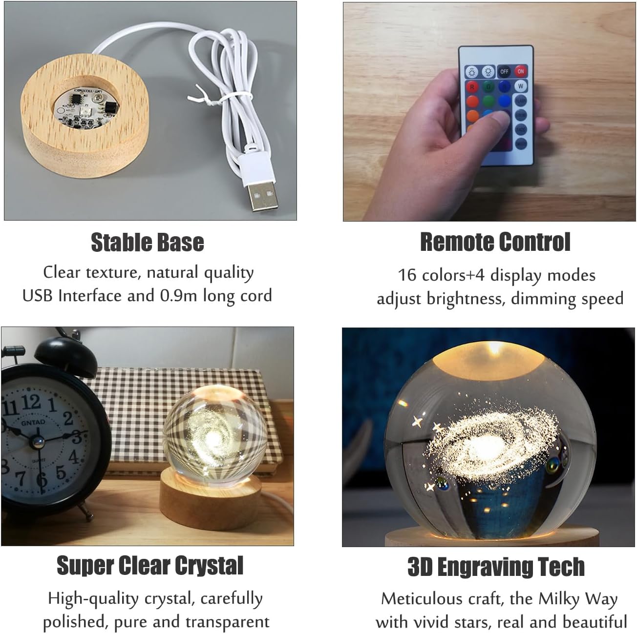 Gosyfeti Luz nocturna de bola de cristal 3D con base de madera, lámpara nocturna de bola de galaxia con control remoto de 16 colores, luz decorativa
