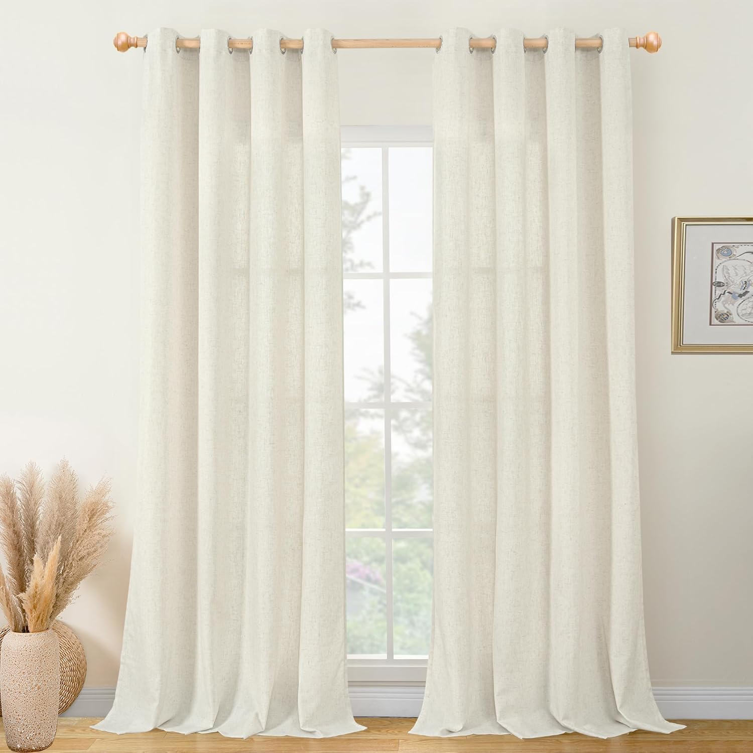 YoungsTex Cortinas de lino natural de 95 pulgadas de largo para sala de estar, filtrante de luz, con ojales, cortinas largas de lino para ventana de