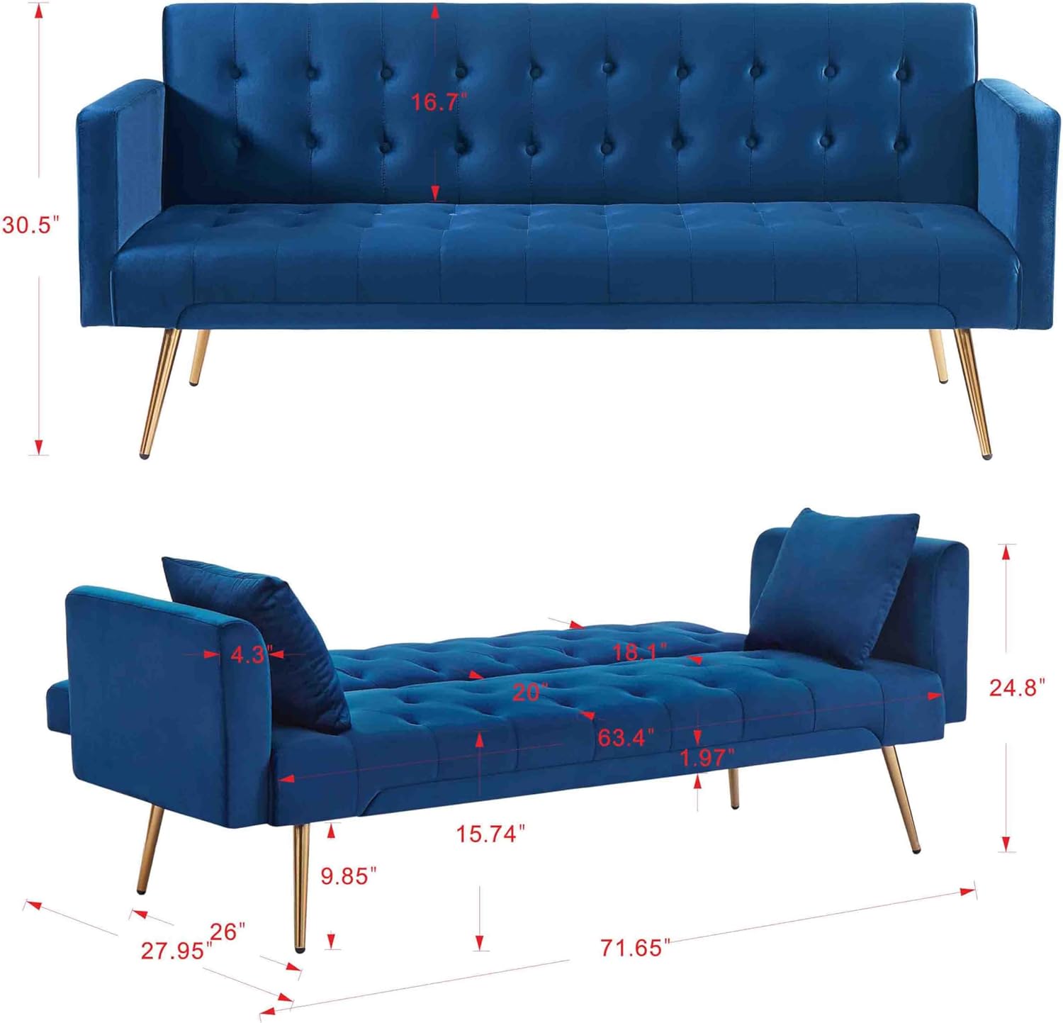 Mdhitsox Moderno sofá cama futón de terciopelo, sofá cama convertible con patas de metal, respaldo ajustable tapizado, asiento reclinable copetudo