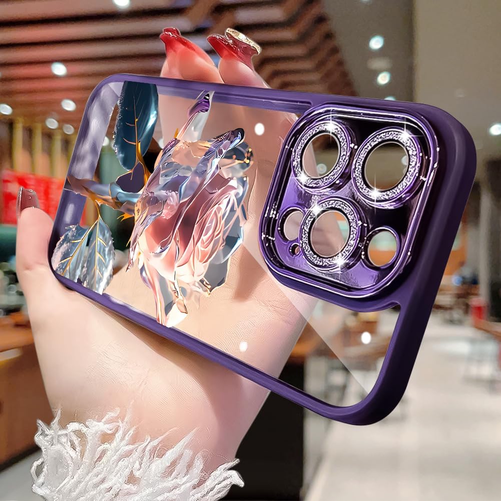 ZIYE Funda para iPhone 13 Pro Max, funda con diseño floral de rosa de hadas rosa con protector de lente de cámara integrado, purpurina brillante,