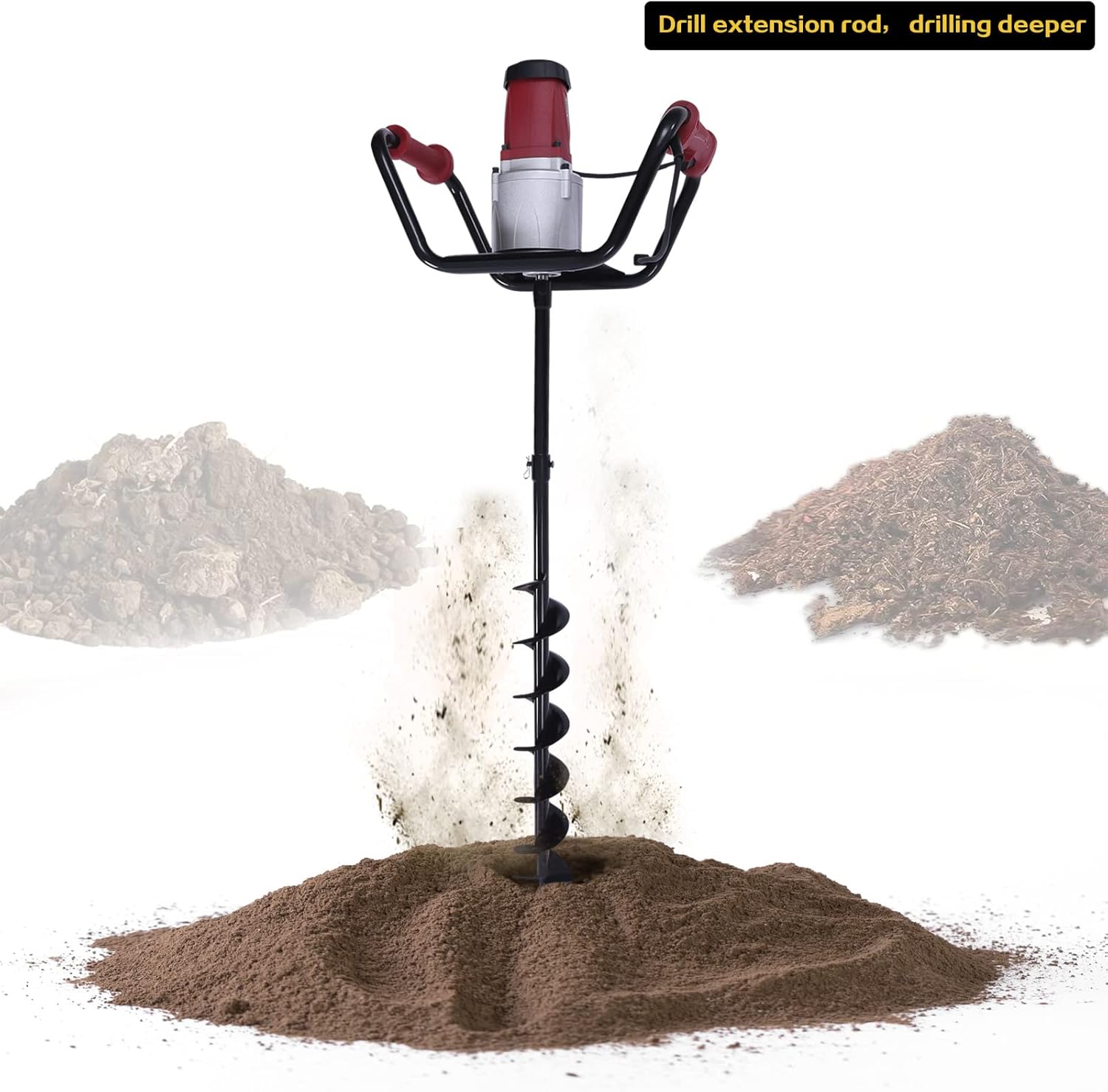1.6HP Post Hole Diggers 1500W Taladro de excavación de barrena eléctrica w6″ barra de extensión de broca de alta velocidad de rotación 190-200rpmmin