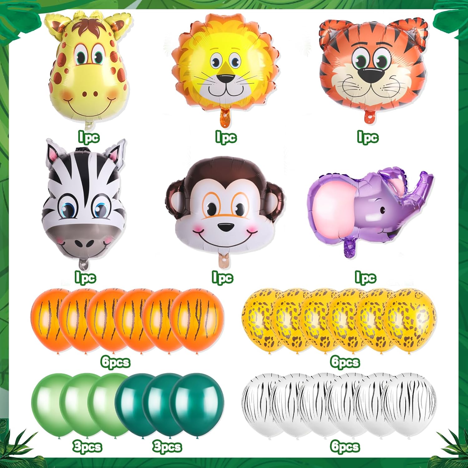 30 piezas de decoraciones de fiesta de cumpleaños de safari de la selva, paquete de 6 globos gigantes de animales de safari, 24 globos con estampado