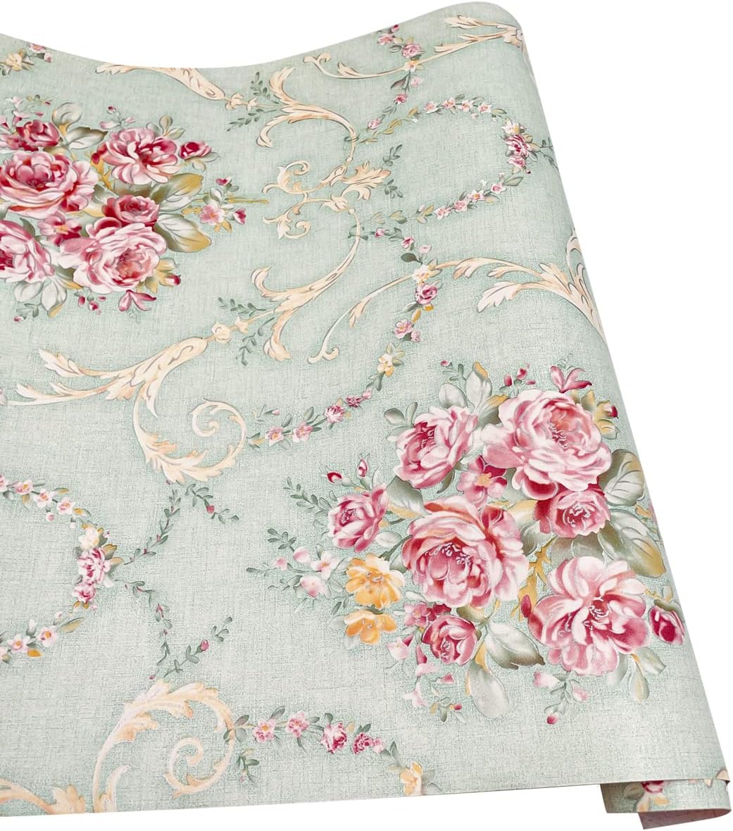 LovingWay Rollo de papel tapiz de 14.7 pies con diseño floral retro de 17.7 x 177 pulgadas, autoadhesivo, para cajón, cajón, cajas organizadoras de