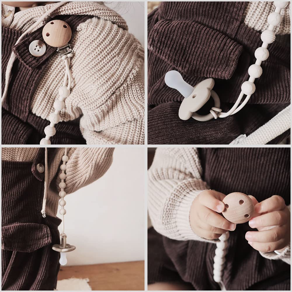 Clip para chupete, paquete de 2 clips de silicona para chupete con diseño de madera, clip de soporte para chupete para bebé niño y niña (blanco)