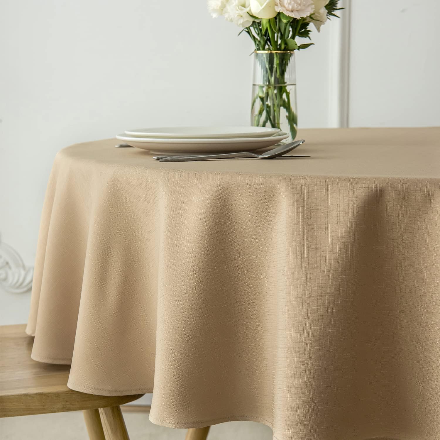 maxmill Mantel redondo con textura de lino a prueba de derrames, sin arrugas, suave mantel de jacquard para mesa circular, para comedor, bufé,