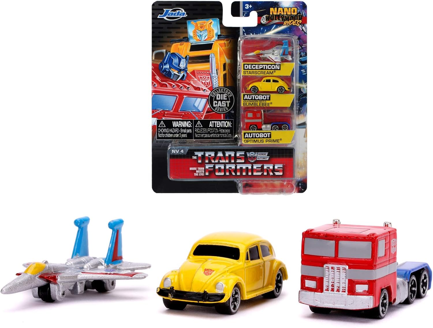 Jada Toys 253111005 Transformers – Juego de 3 coches de juguete Nano fundido a presión Optimus Prime, Starscream, G1 Bumblebee VW Beetle (1.6 in) a