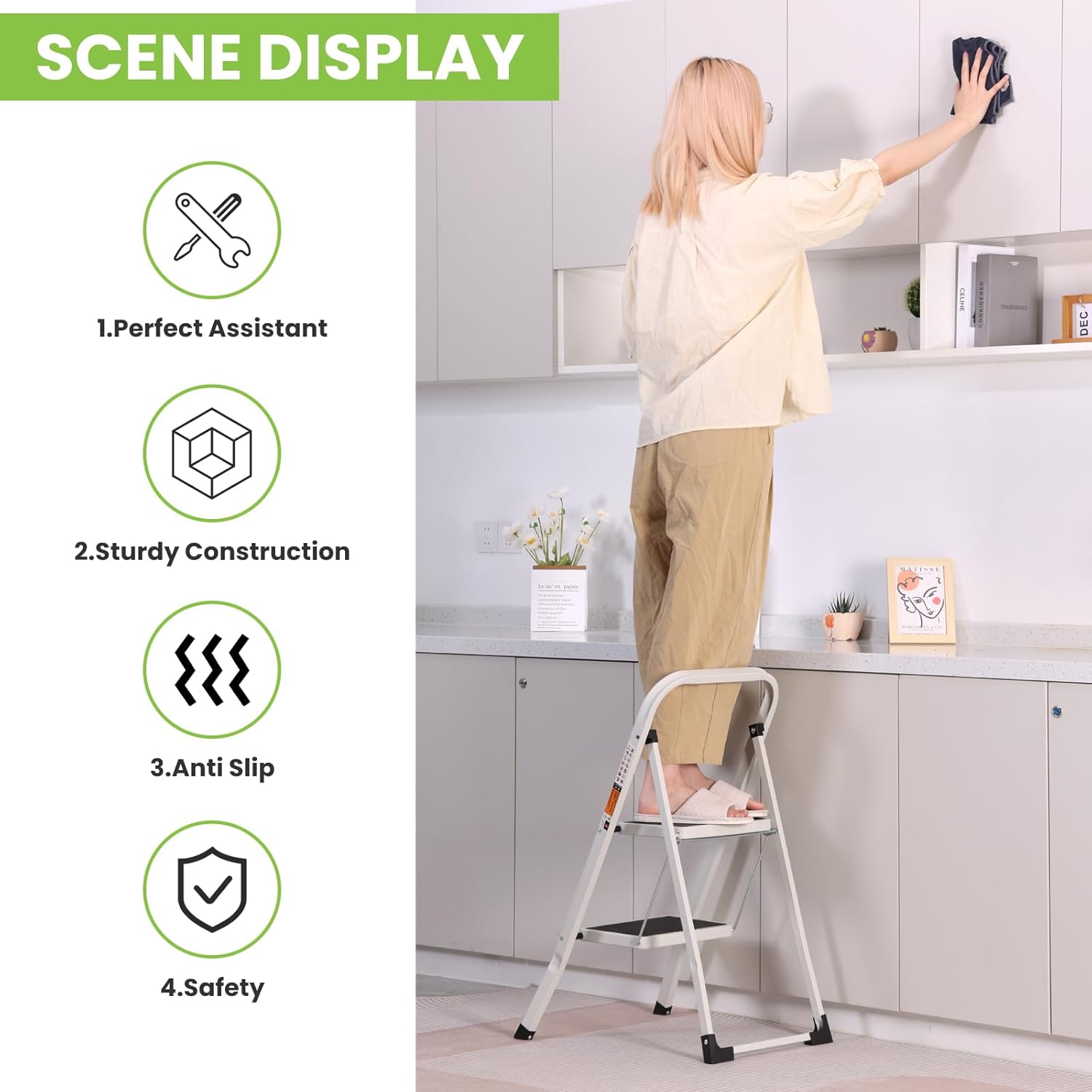Escalera de 2 escalones, taburete plegable con pedal antideslizante ancho, capacidad de 330 libras, escaleras ligeras portátiles para el hogar,