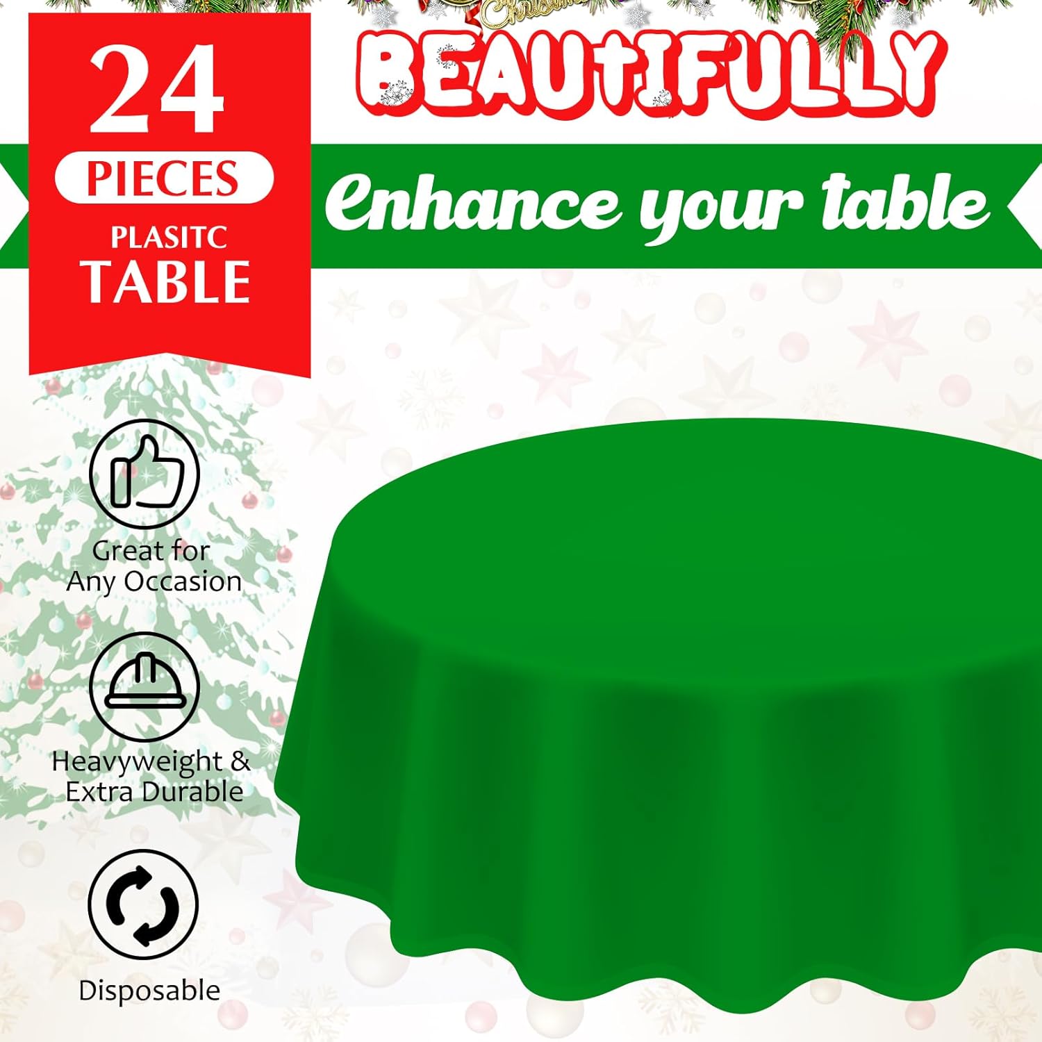 Amylove 24 manteles de plástico navideños de 84 pulgadas, redondos, desechables, de plástico, impermeables, decorativos, para fiestas, decoración de