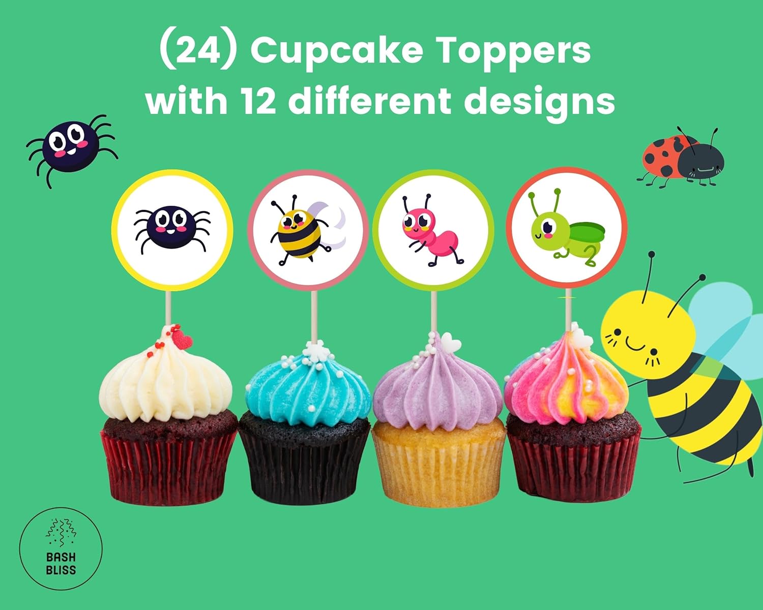 Paquete de 24 adornos para cupcakes de insectos, reptiles, insectos, decoración de pasteles, centro de mesa, 2.5 x 2.5 pulgadas y 5 pulgadas de