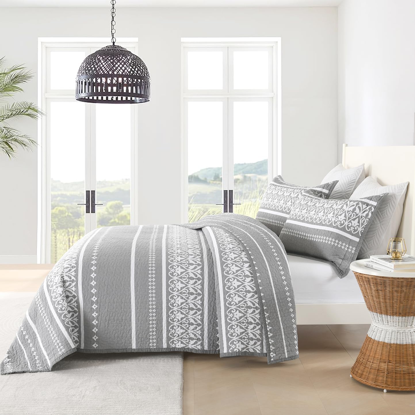 Toldlove Juego de edredón King  Juego de ropa de cama a rayas de estilo bohemio tamaño King, 100% algodón, color gris, bohemio, tamaño King, edredón