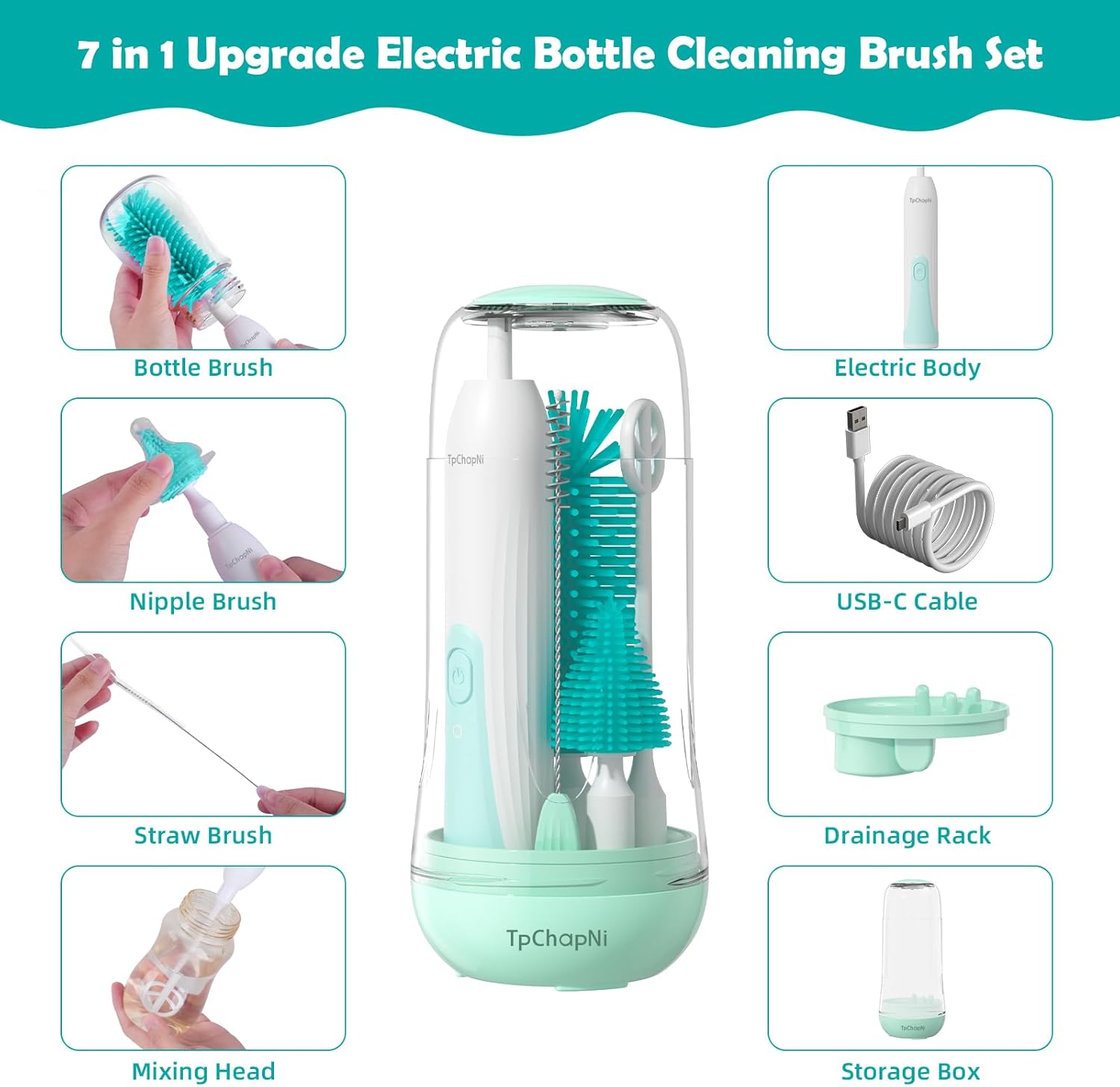 TpChapNi Juego de cepillos eléctricos para biberones de viaje, limpiador de cepillo eléctrico para botellas, Kit de limpiador de botellas de bebé 6