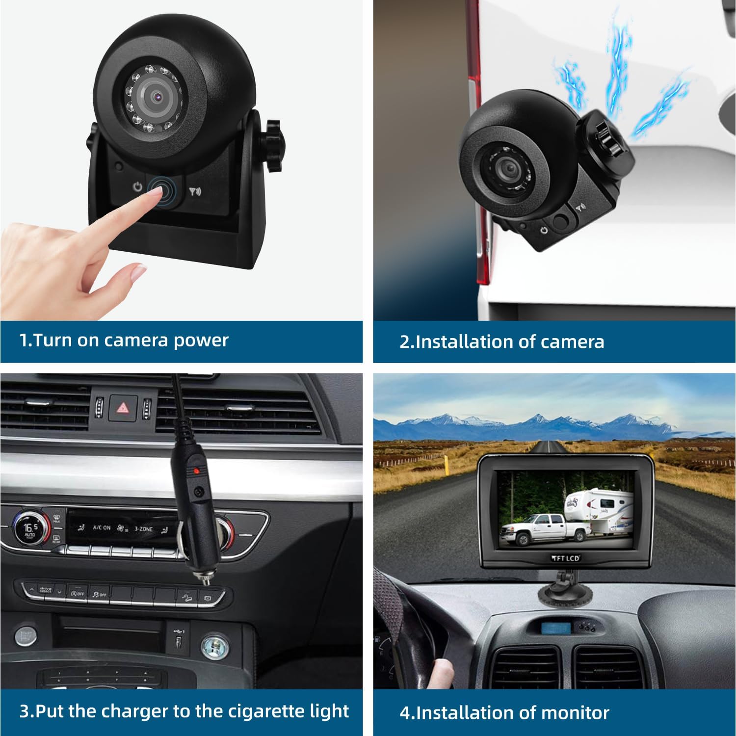 MHCABSR Cámara de respaldo inalámbrica magnética con monitor de 4.3 pulgadas, sistema de cámara de respaldo con batería recargable para automóvil,