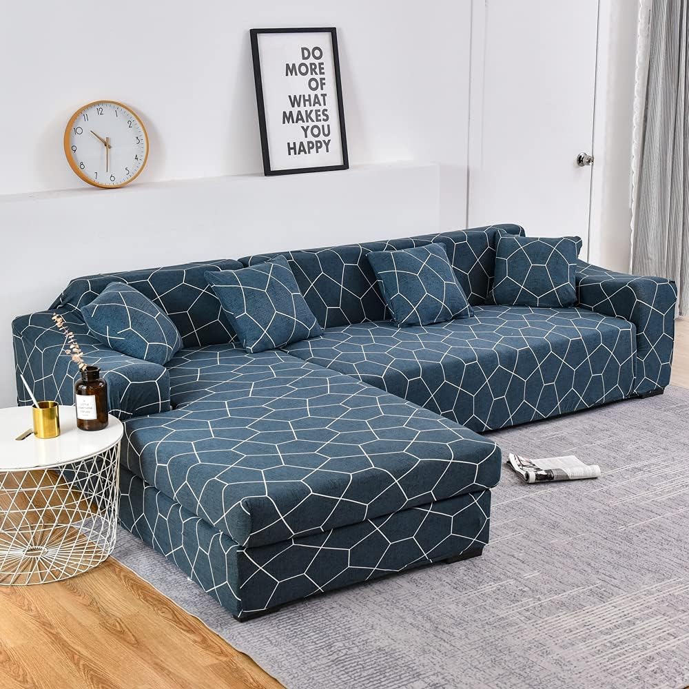 LiveGo Funda de sofá en forma de L, 2 piezas, elástica y elástica de 3 plazas, protector de muebles con 4 fundas de almohada para sala de estar,