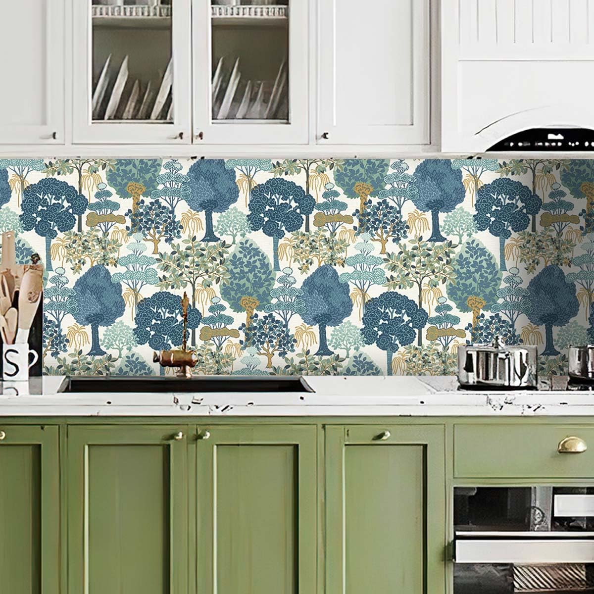 Papel tapiz autoadhesivo para despegar y pegar, papel adhesivo de árbol para gabinetes, color verde, moderno, selva, grueso, impermeable,