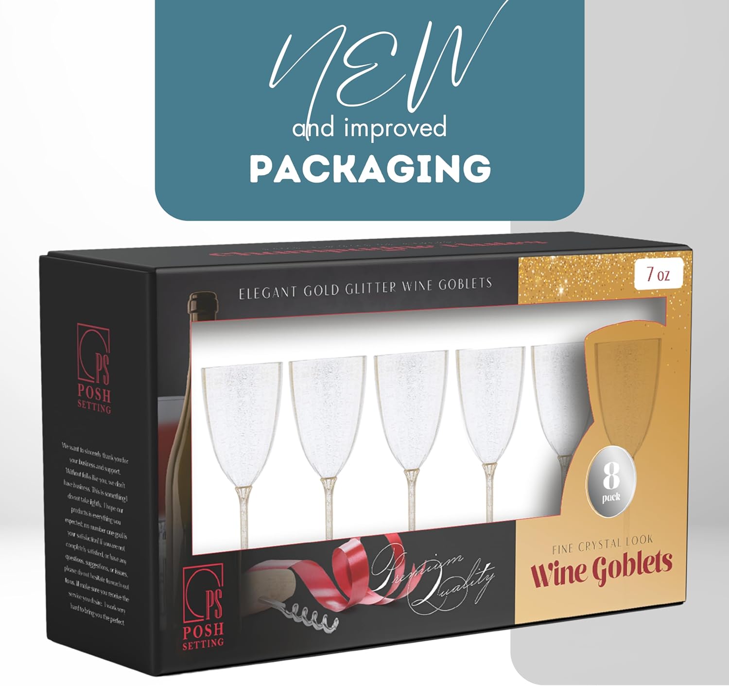 Posh Setting Copas de vino de plástico dorado con purpurina de 7 onzas, vasos desechables de plástico duro, tazas con tallo para tostar, bodas,