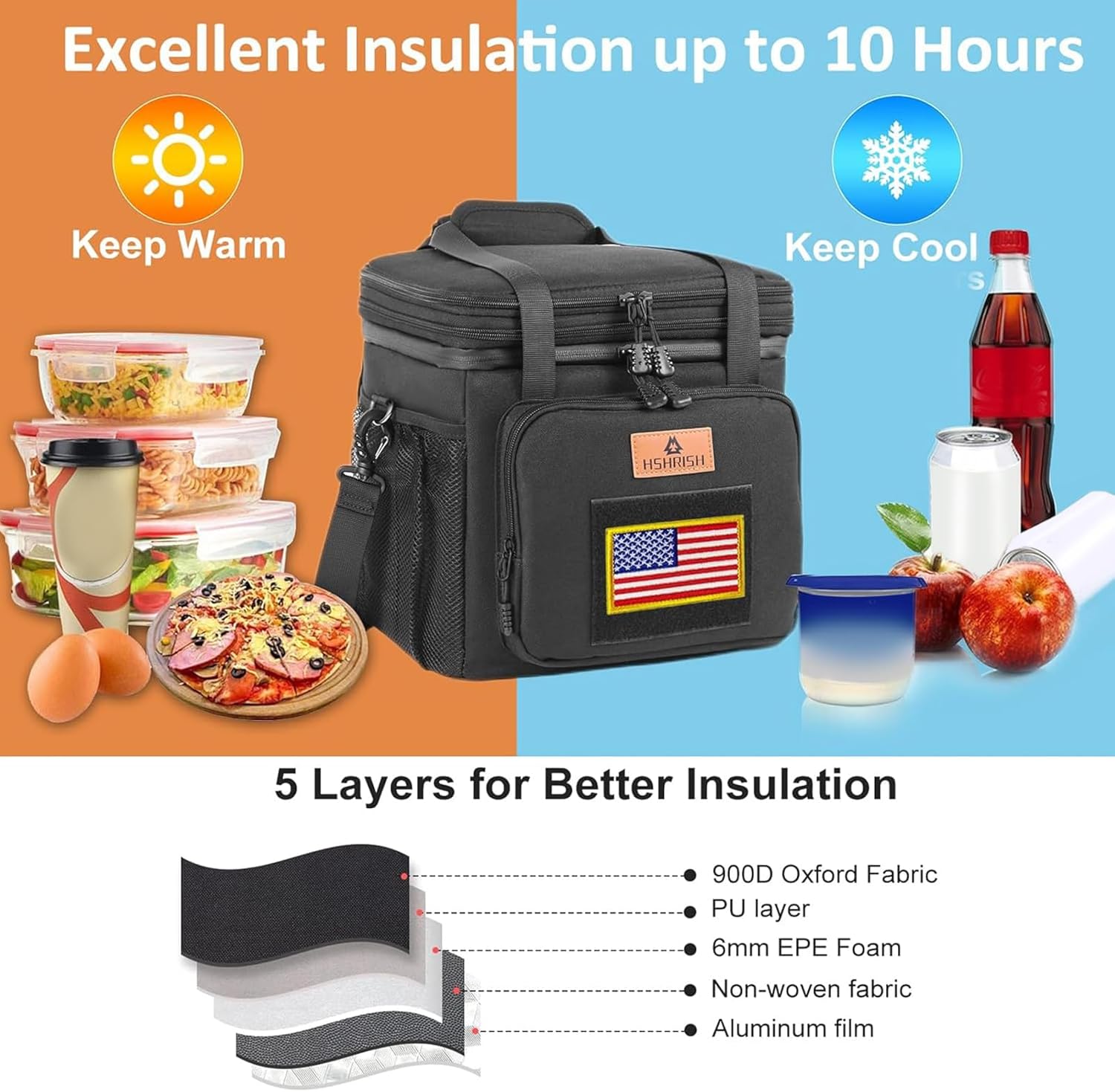 HSHRISH Lonchera táctica expandible, bolsa de almuerzo grande con aislamiento de doble cubierta para hombres, bolsa térmica duradera a prueba de