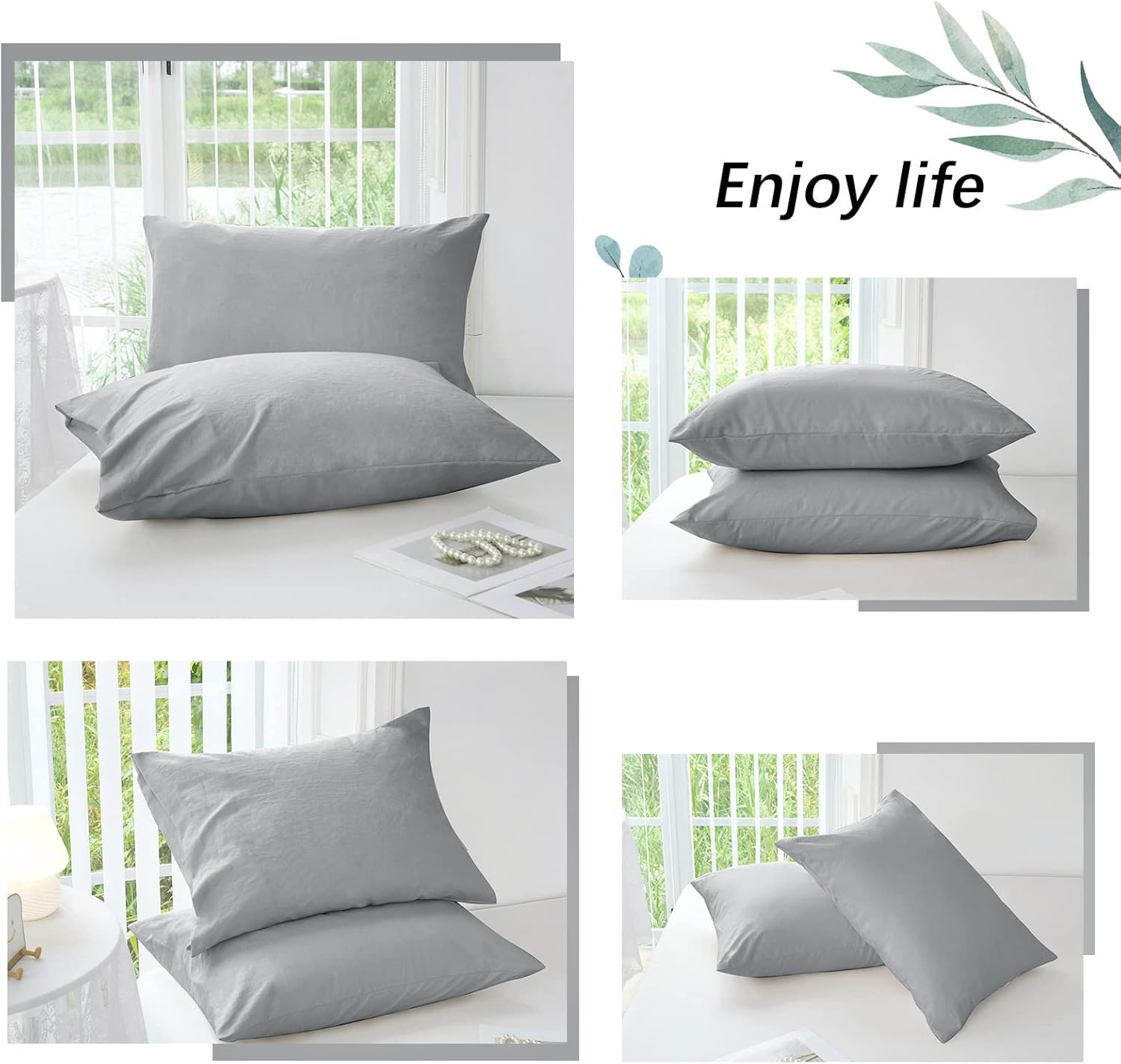 MILDLY Funda de almohada súper suave, fundas de almohada ligeras de microfibra lavada, tamaño Queen, color gris, 2 unidades, fácil cuidado y