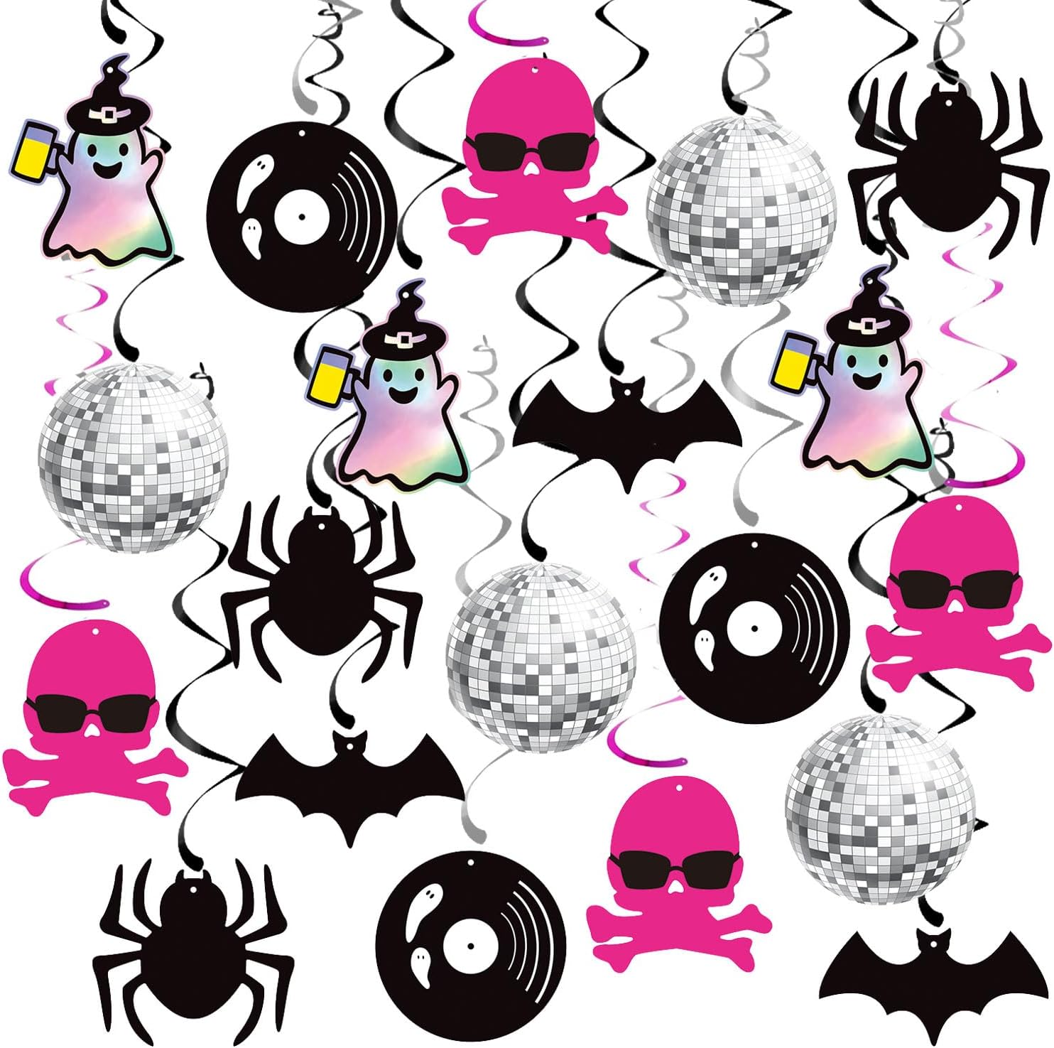 20 espirales colgantes de Halloween Death By Disco, Lets Go Ghouls, decoración colgante de despedida de soltera, calavera rosa intenso, serpentinas