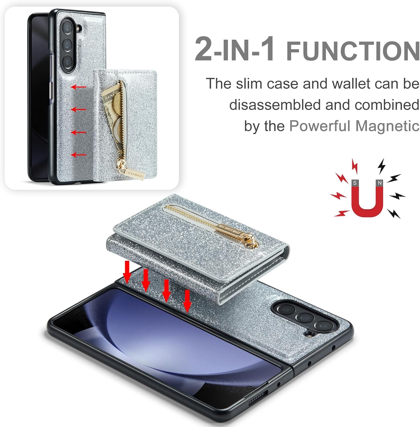 Asuwish Funda de teléfono para Samsung Galaxy Z Fold 5 5G Funda tipo cartera y ranura para tarjeta de crédito, soporte con purpurina de cuero