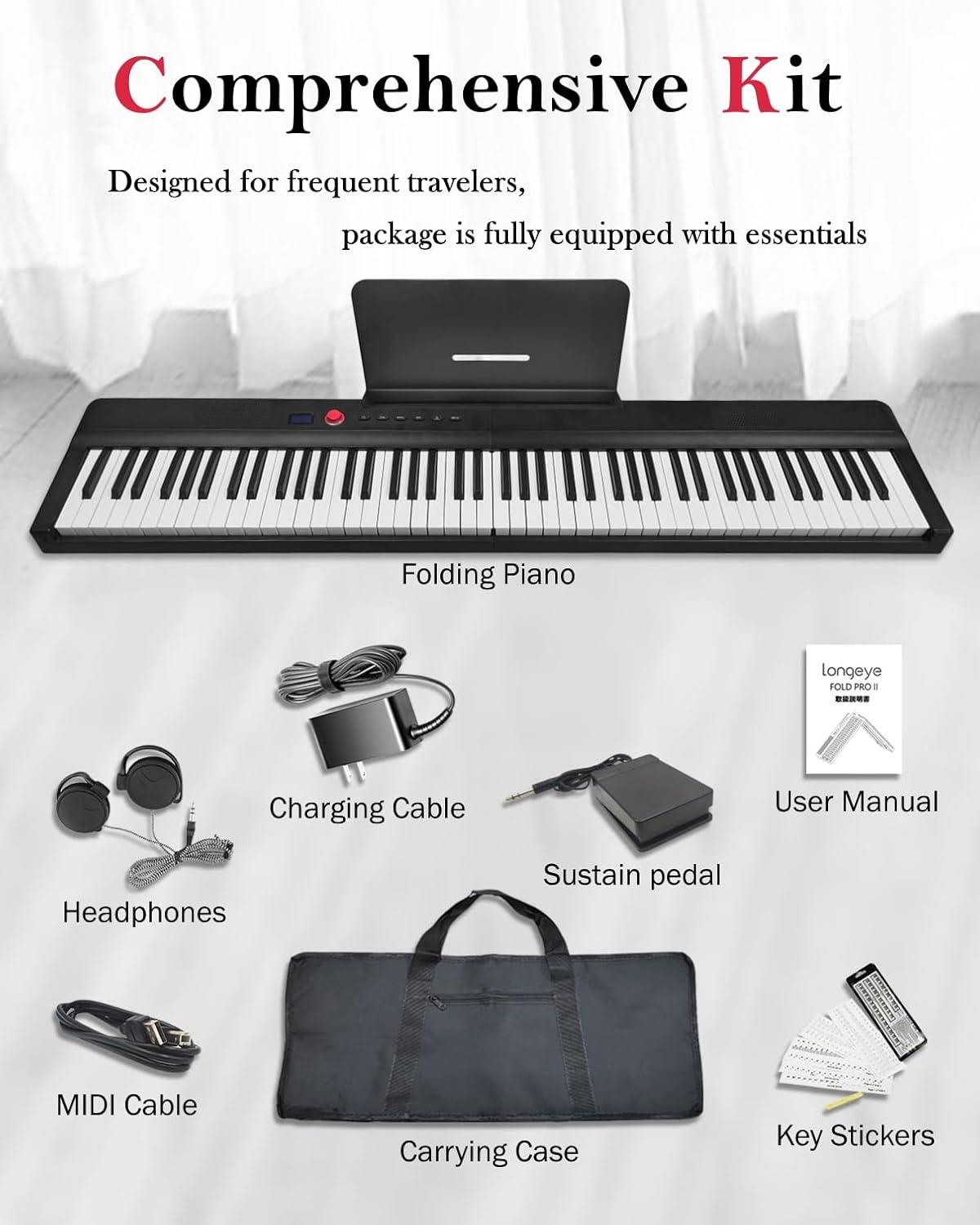 Longeye Teclado de piano plegable de 88 teclas, teclado eléctrico portátil, piano digital semi pesado para principiantes con auriculares, pedal de