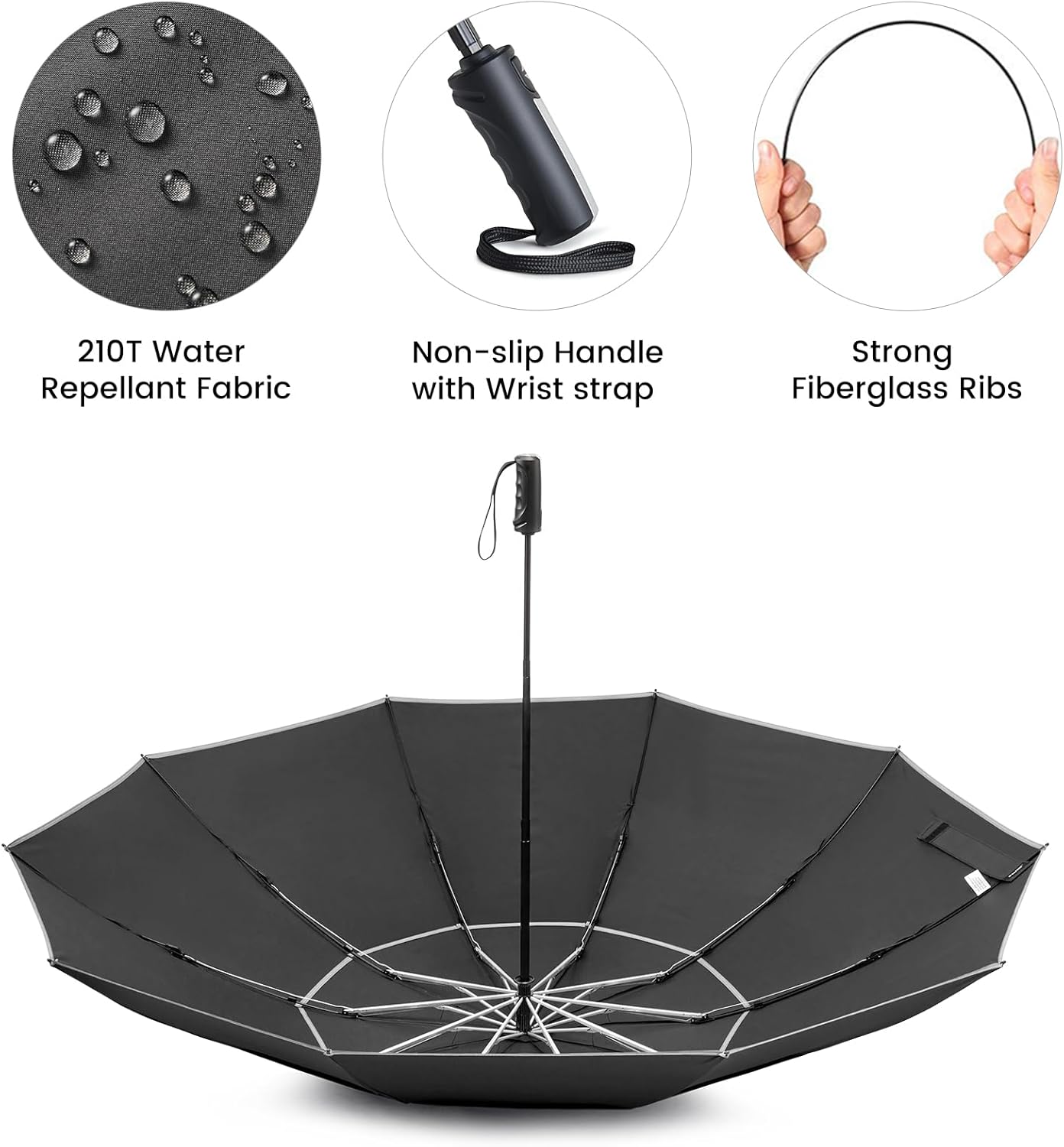 G4Free Paraguas invertido resistente al viento de 62 pulgadas con rayas reflectantes, paraguas grande y compacto de golf para lluvia, 10 varillas,