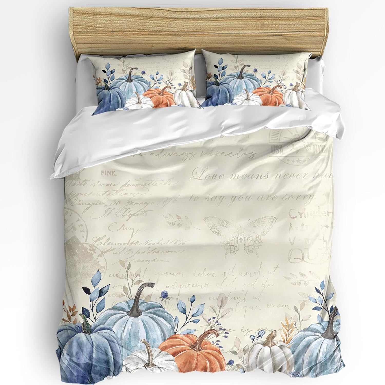 Juego de funda de edredón de 3 piezas de Acción de Gracias, elegante funda de edredón de microfibra lavada con calabazas, tamaño Queen con fundas de