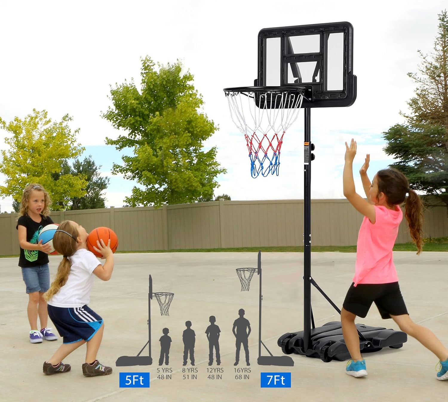 Aro de baloncesto de altura ajustable para niños, sistema de tablero portátil con 2 ruedas, aro de baloncesto para piscina de 5 a 7 pies, tablero
