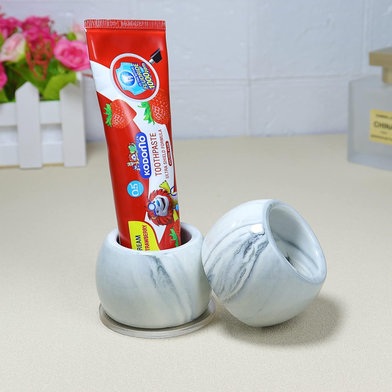Soporte pequeño de cerámica para cepillo de dientes eléctrico para encimera de tocador de baño, juego de 2, gris