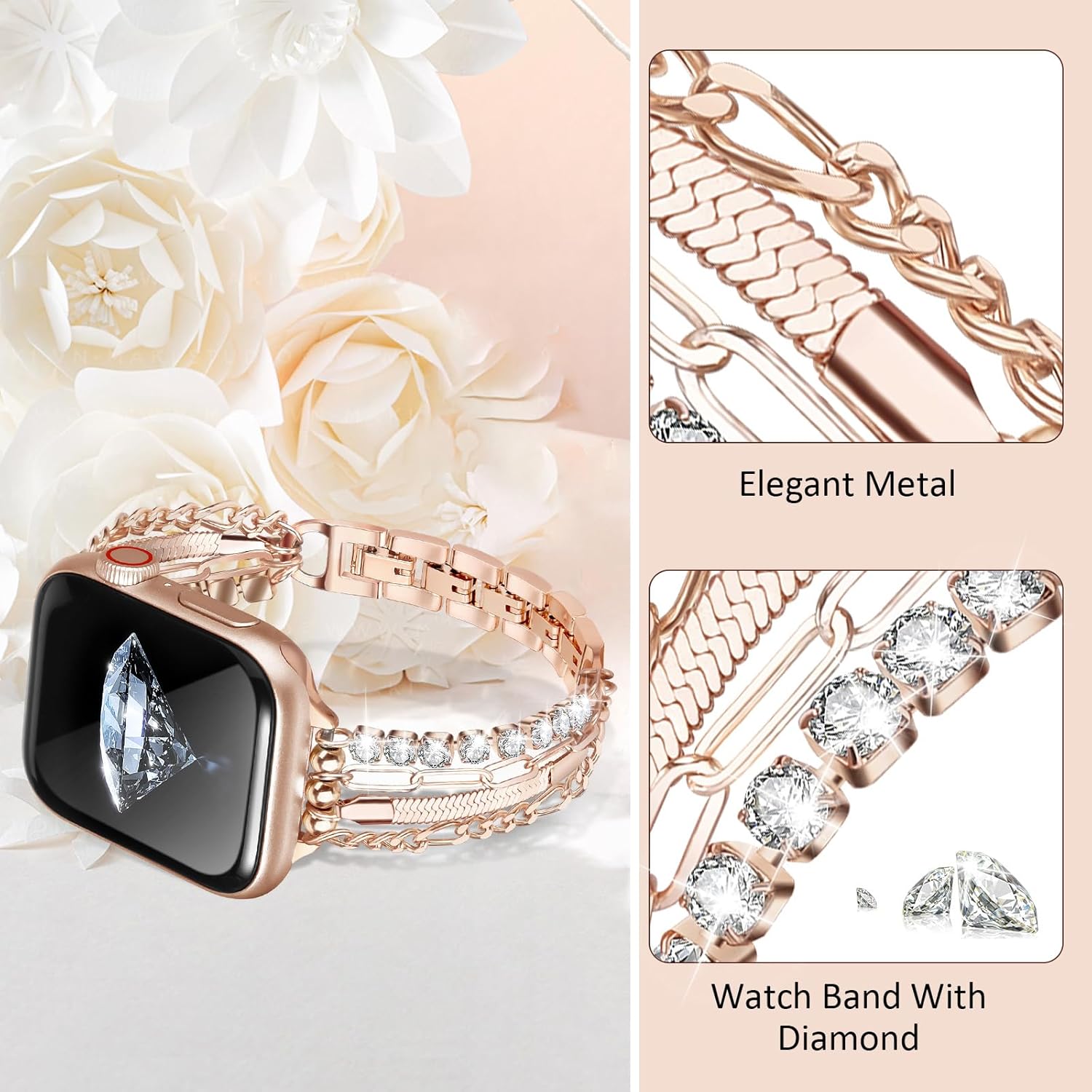 CAGOS Pulsera de cadena compatible con Apple Watch Band de 1.49, 1.57, 1.61, 1.65, 1.73 y 1.77 pulgadas, correa delgada de acero inoxidable de metal
