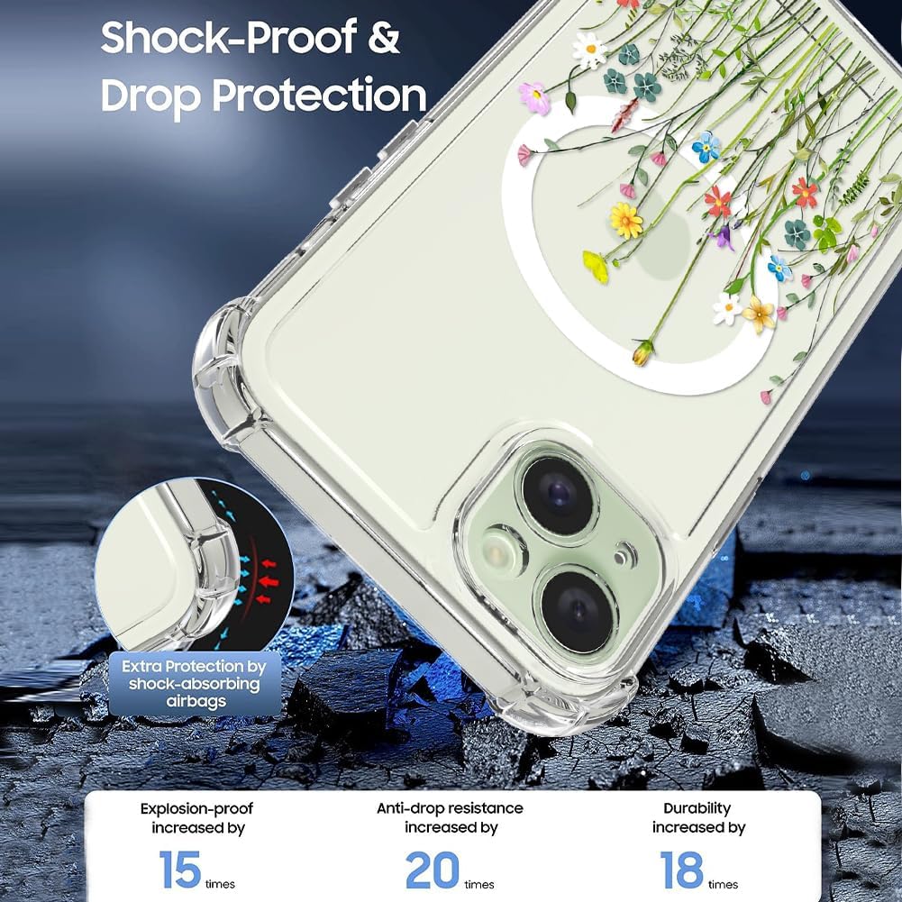 OOK Funda magnética para iPhone 15, diseño floral, transparente, compatible con MagSafe, funda protectora rígida de policarbonato para iPhone 15,