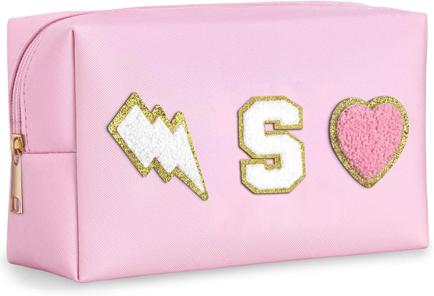 Bolsa de maquillaje preppy con inicial, regalo personalizado para mujeres, Rosado, Small (3