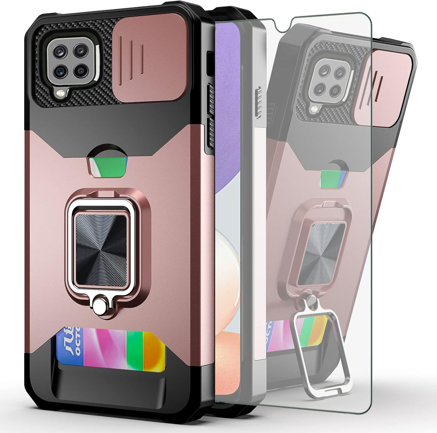 Asuwish Funda compatible con Samsung Galaxy A22 4G de 6.4 pulgadas y protector de pantalla de vidrio templado, soporte para tarjetas, funda delgada