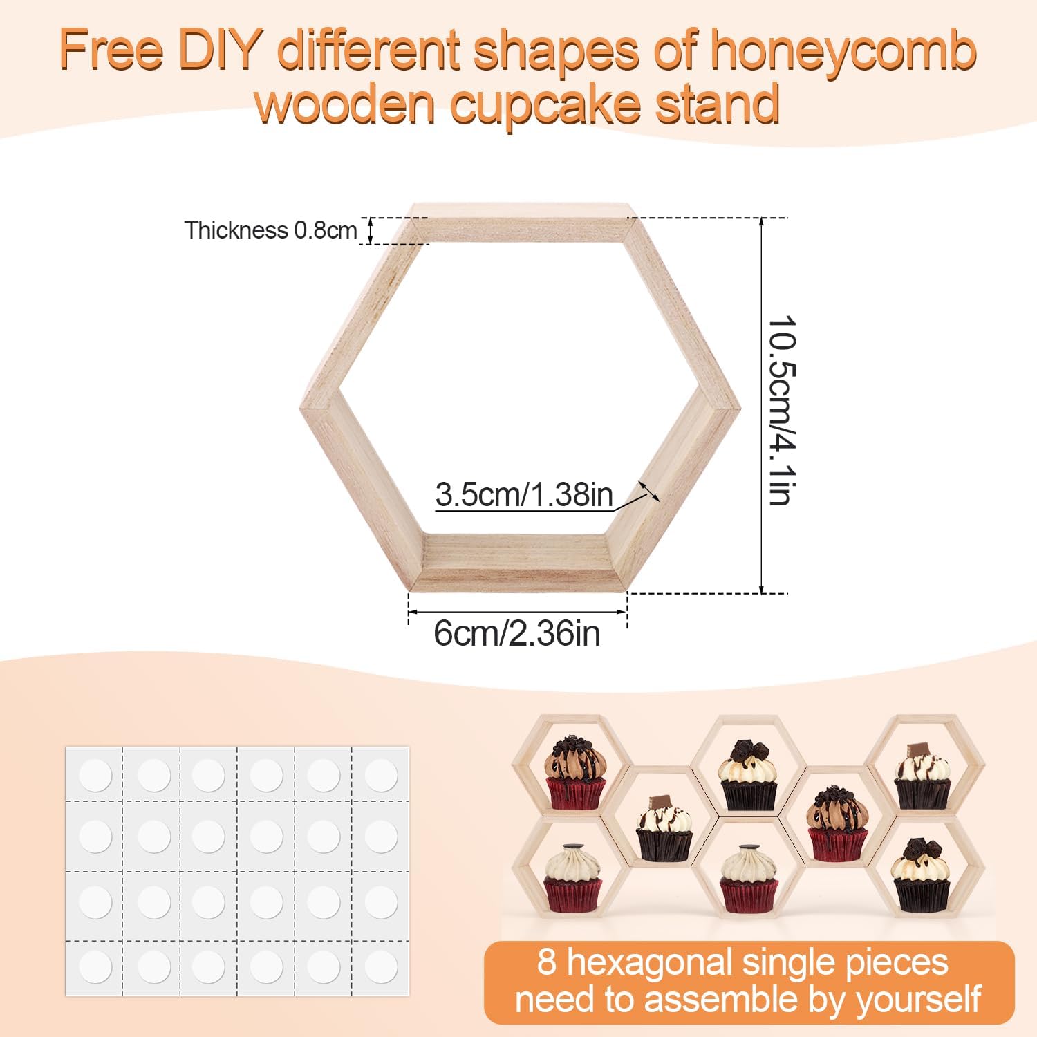 8 soportes para cupcakes de panal, soporte de madera para cupcakes de panal, soporte hexagonal para cupcakes para baby showers, niños y niñas,