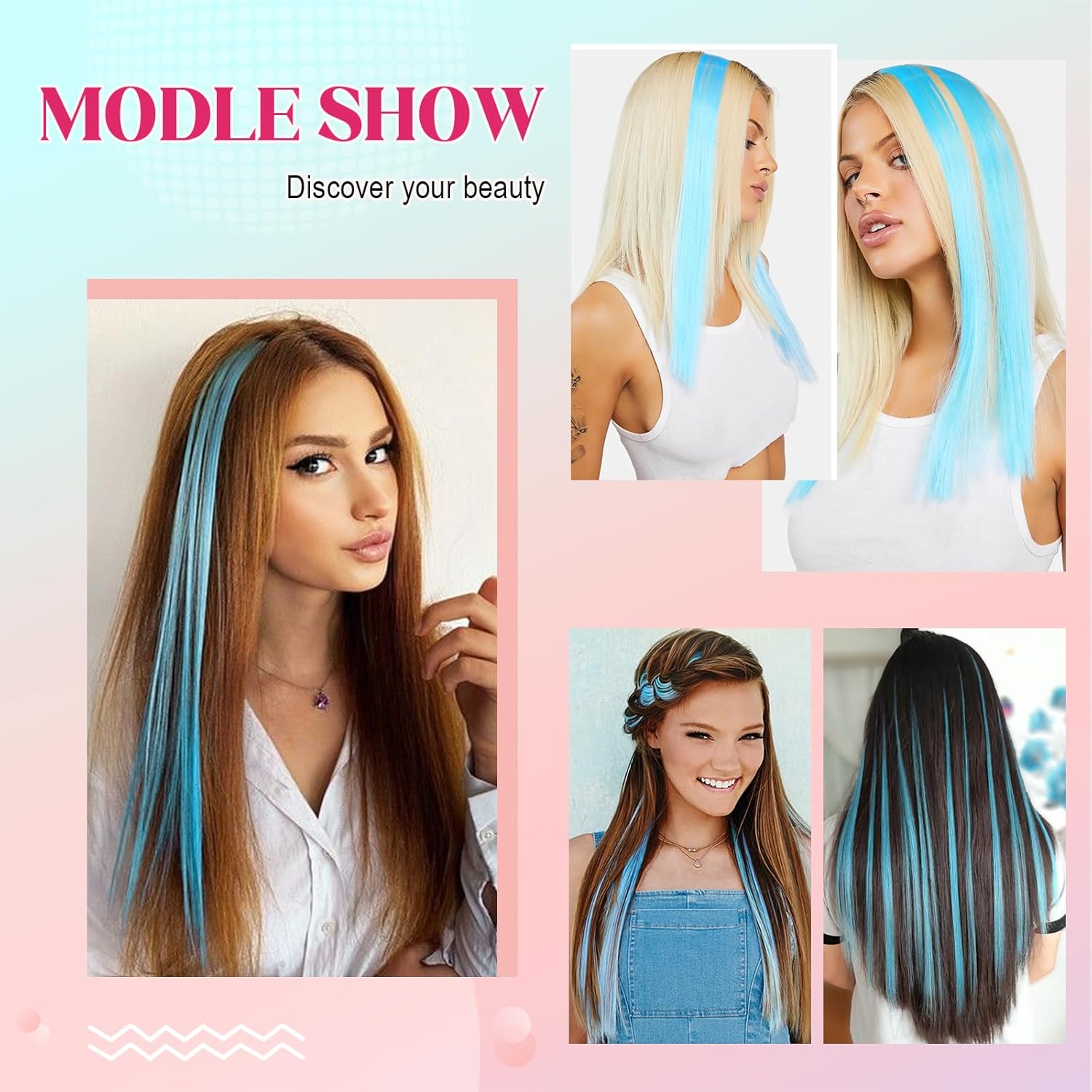 Felendy Extensiones de cabello de colores, 12 piezas de extensiones de cabello azul con clip, extensiones de cabello lacio coloridas, disfraces de