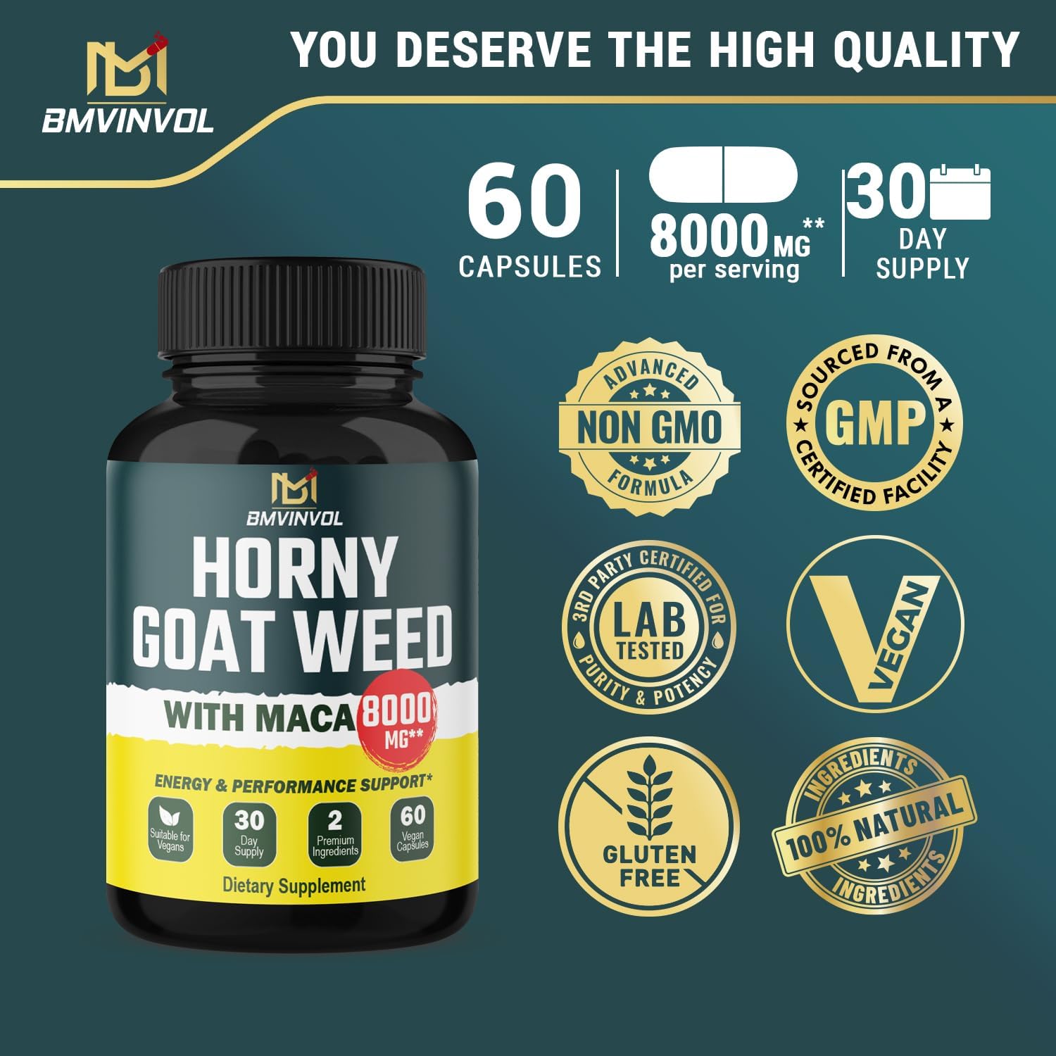 BMVINVOL 6000mg Horny Goat Weed Plus 2000mg Suplemento de raíz de maca para hombres y mujeres – Apoya los niveles de energía, rendimiento