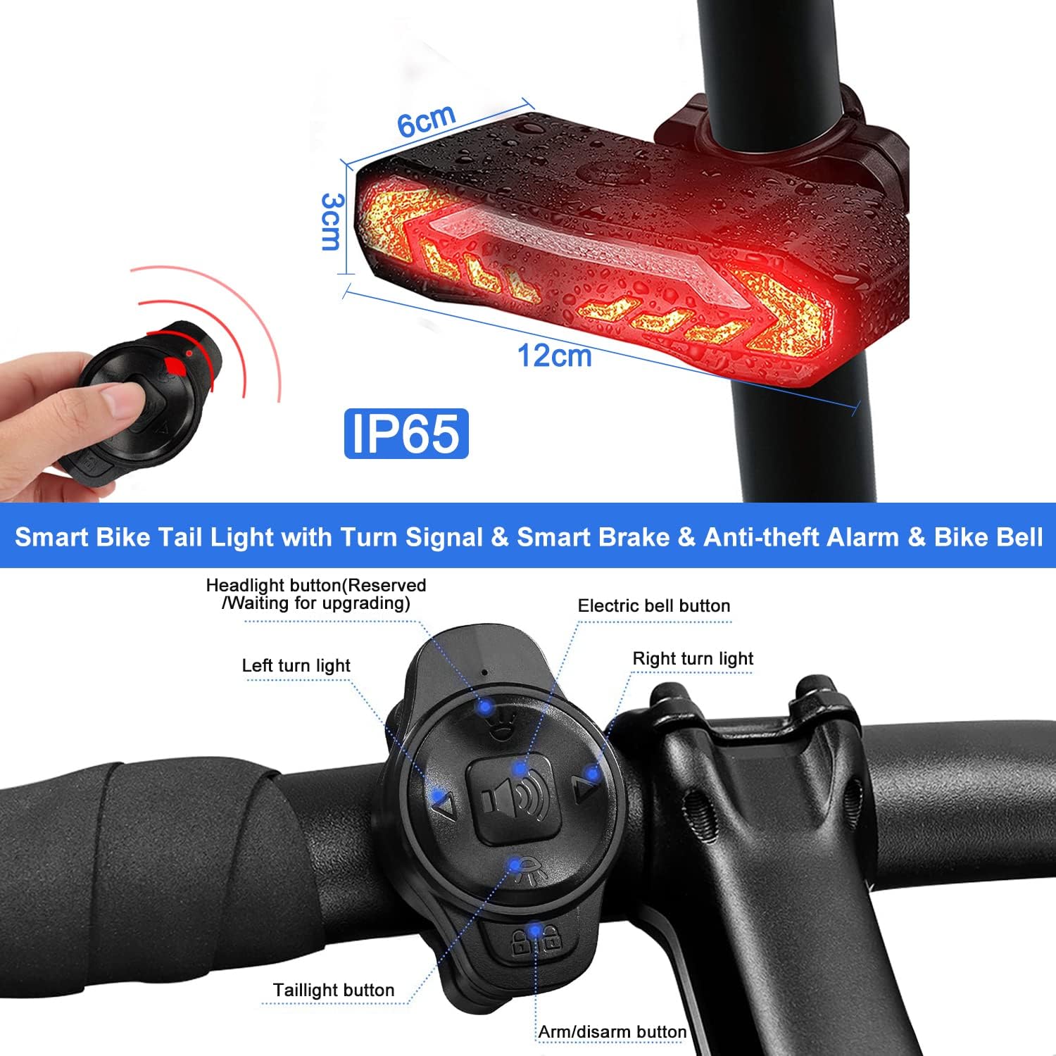 Luz trasera inteligente para bicicleta, señales de giro para bicicleta con alarma, señales de giro de bicicleta recargables por USB con campana de