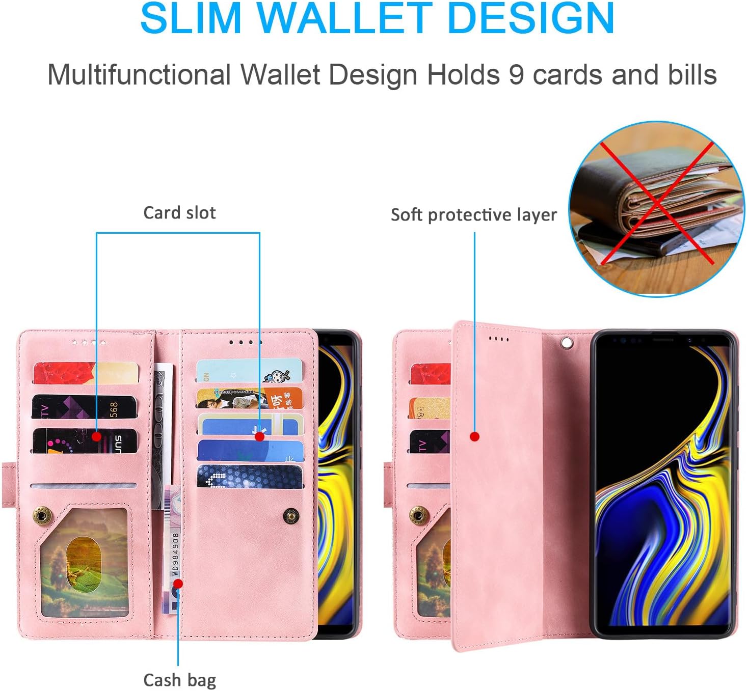 Furiet Compatible con Samsung Galaxy Note 9 – Funda tipo cartera para correa de muñeca con correa de muñeca, soporte para tarjetas de piel