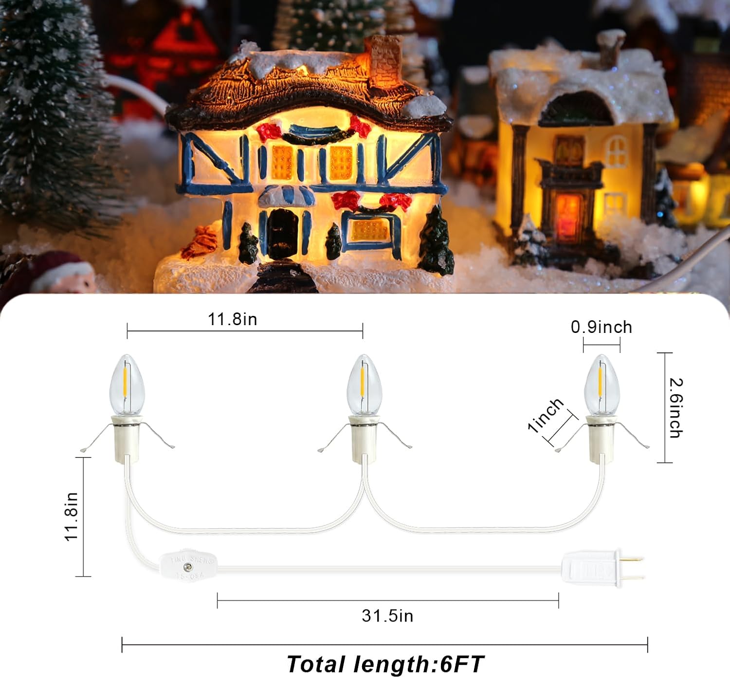 Cable de accesorio LED con 3 bombillas LED C7, base de candelabro E12, cable blanco con interruptor de encendidoapagado, luz de pueblo de Navidad