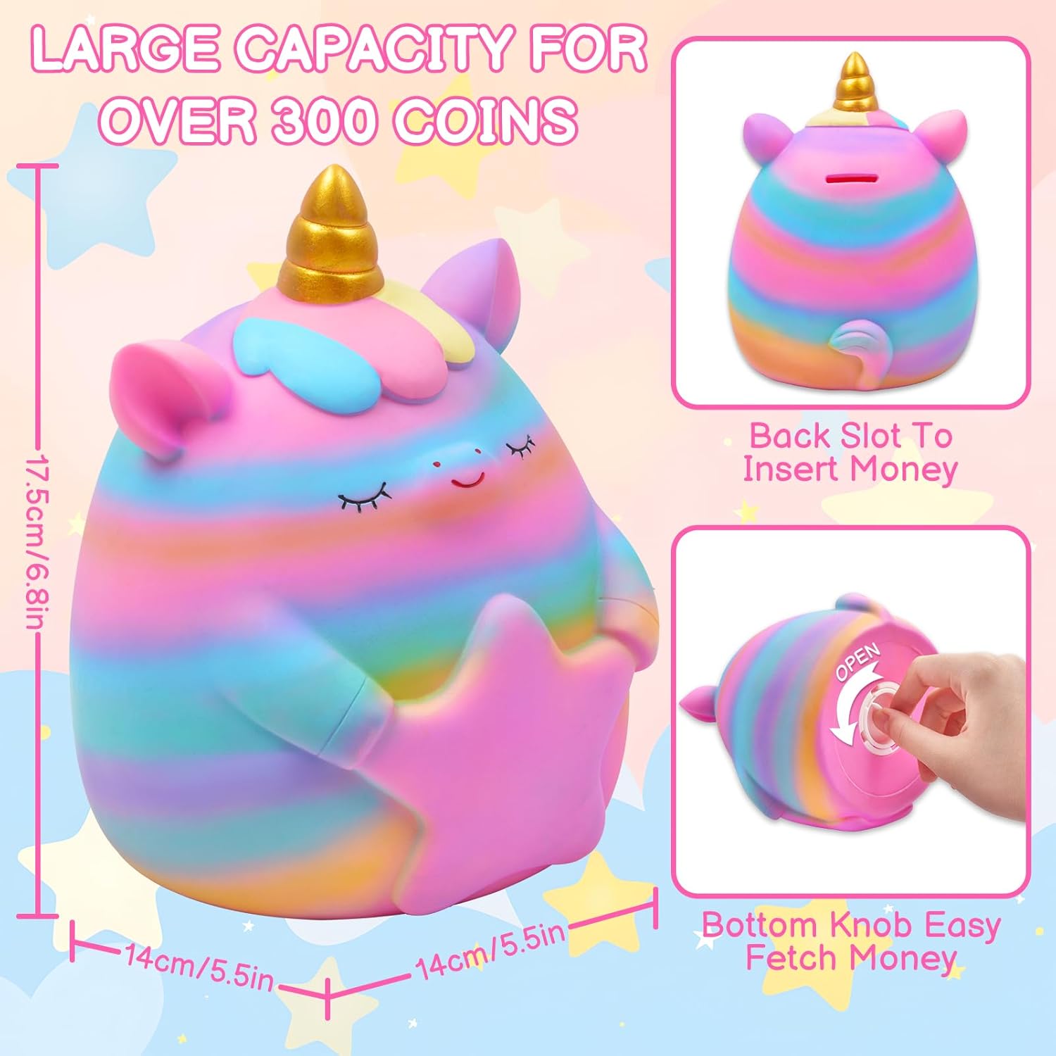 Alcancía de unicornio para niñas, bonita alcancía irrompible de resina con calcomanías y pulsera, juego de pulseras para niños pequeños, regalo de
