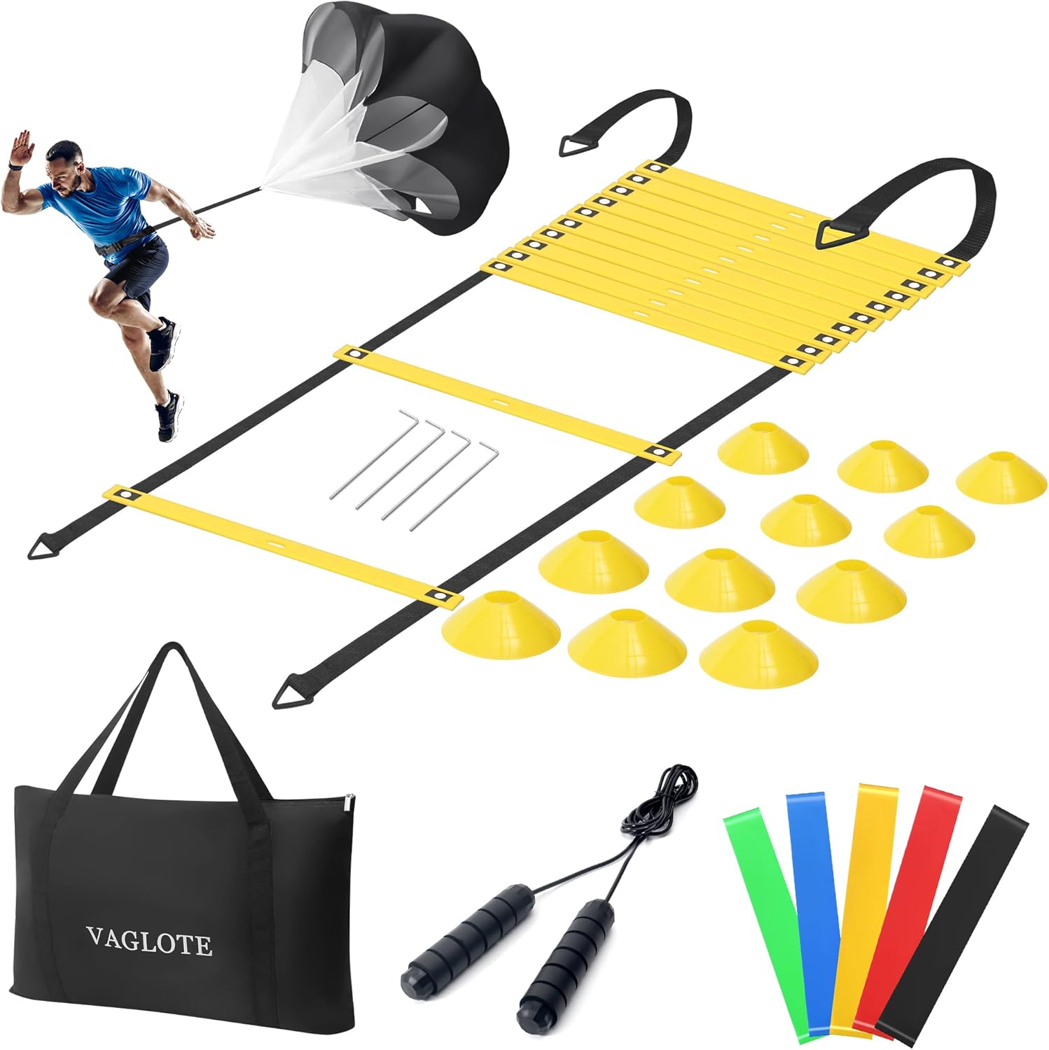 Juego de equipo de entrenamiento de agilidad de velocidad, escalera de agilidad de 19.7 pies, 12 conos de fútbol, cuerda de saltar, paracaídas para