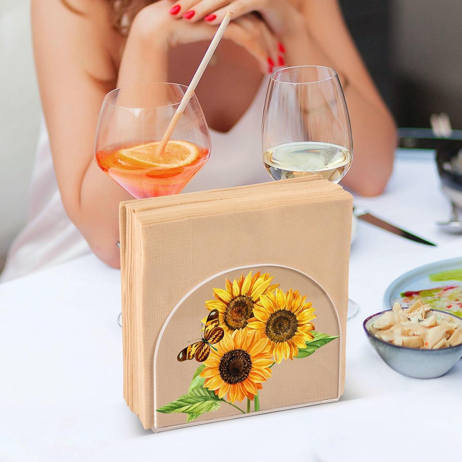 Servilletero de acuarela de girasoles y mariposas, servilleteros acrílicos para mesa de cóctel, dispensador, soporte de papel para cocina, comedor,